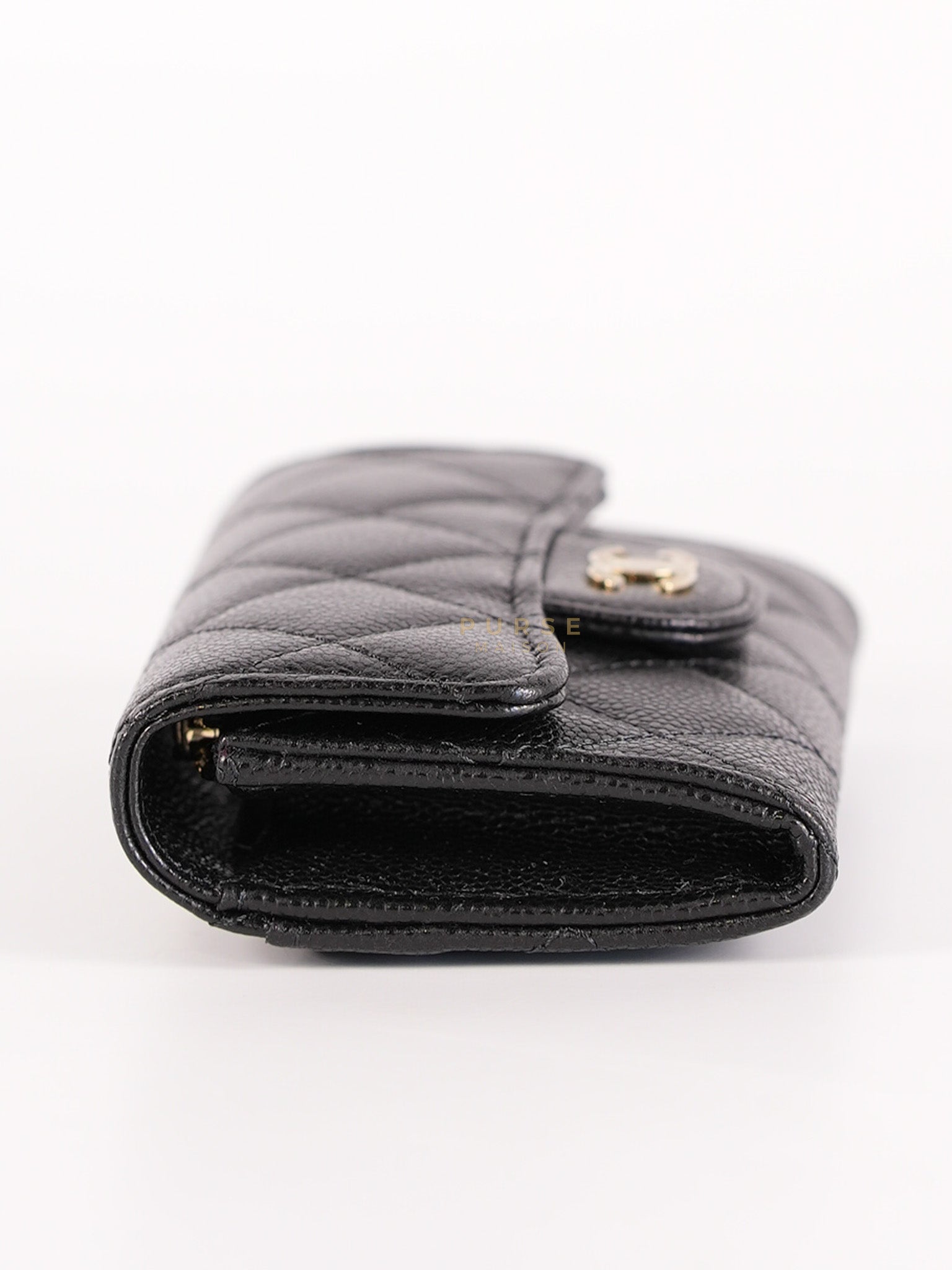 Classic Flap Card Holder in Black Caviar Leather and Light Gold Hardware (New Version with Zipper) (Microchip) | Purse Maison Luxury Bags Shop
