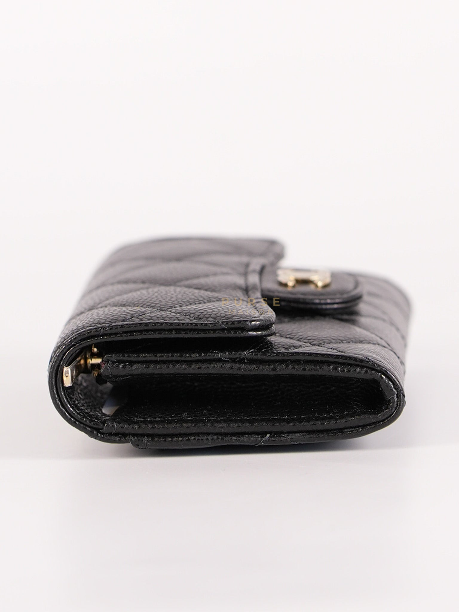 Classic Flap Card Holder in Black Caviar Leather and Light Gold Hardware (New Version with Zipper) (Microchip) | Purse Maison Luxury Bags Shop