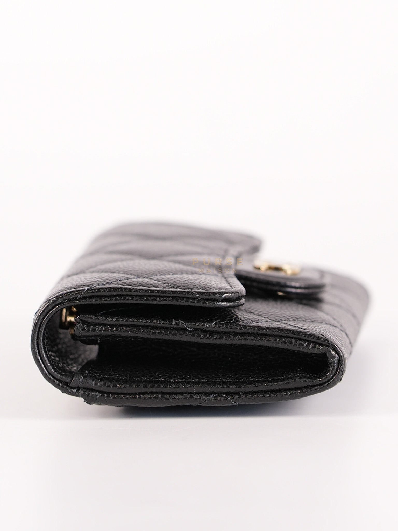 Classic Flap Card Holder in Black Caviar Leather and Light Gold Hardware (New Version with Zipper) (Microchip) | Purse Maison Luxury Bags Shop