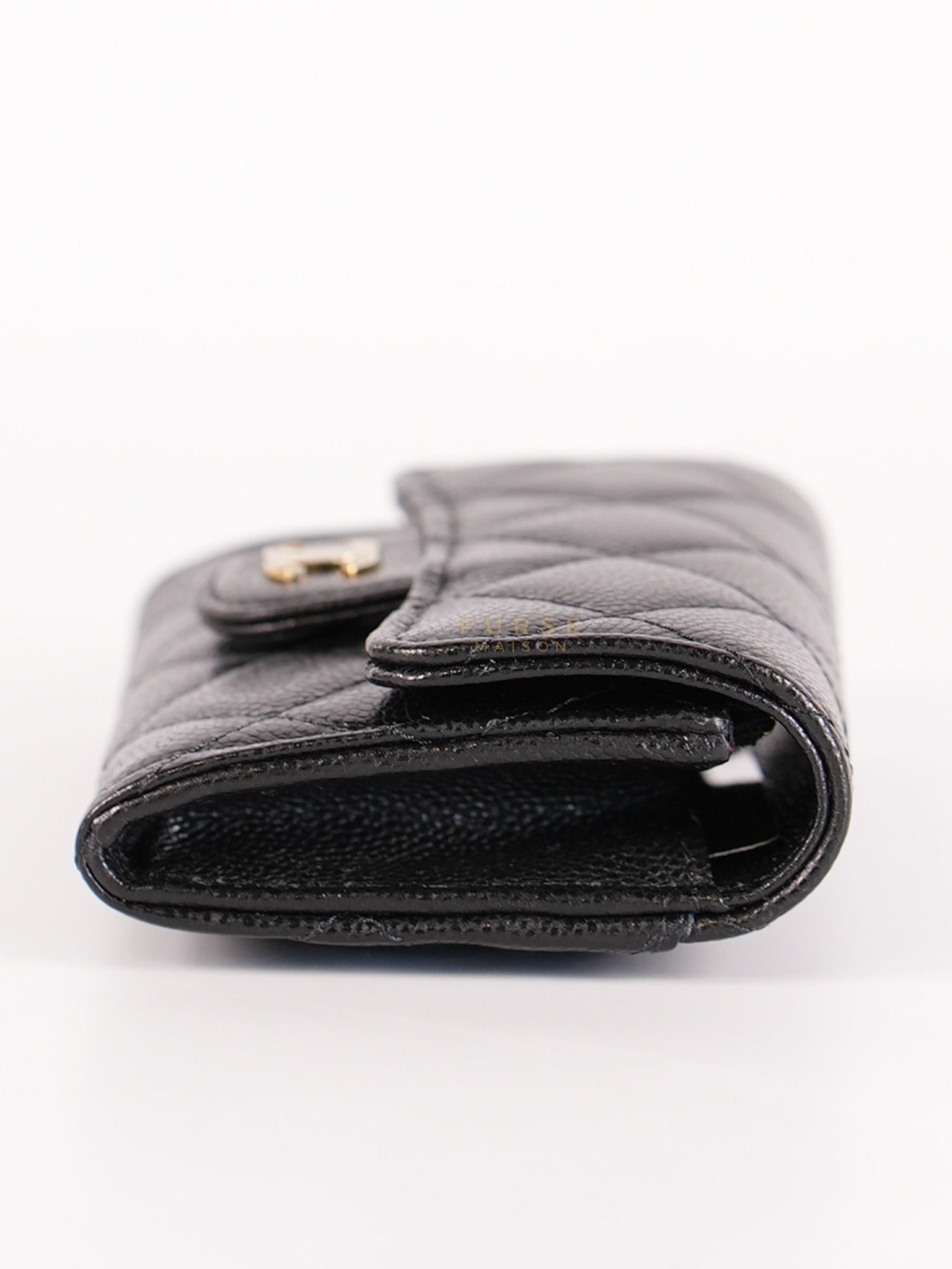 Classic Flap Card Holder in Black Caviar Leather and Light Gold Hardware (New Version with Zipper) (Microchip) | Purse Maison Luxury Bags Shop
