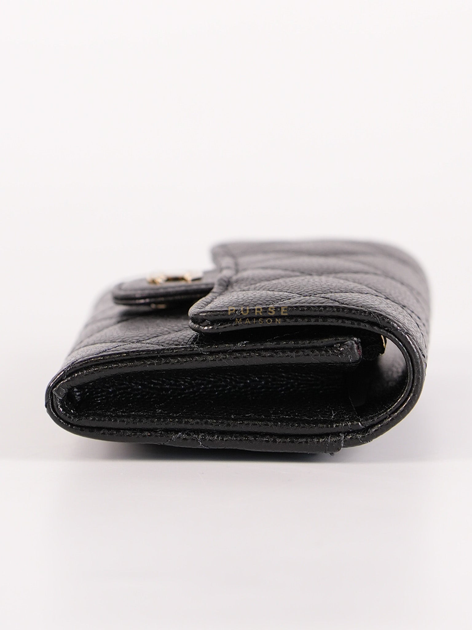 Classic Flap Card Holder in Black Caviar Leather and Light Gold Hardware (New Version with Zipper) (Microchip) | Purse Maison Luxury Bags Shop
