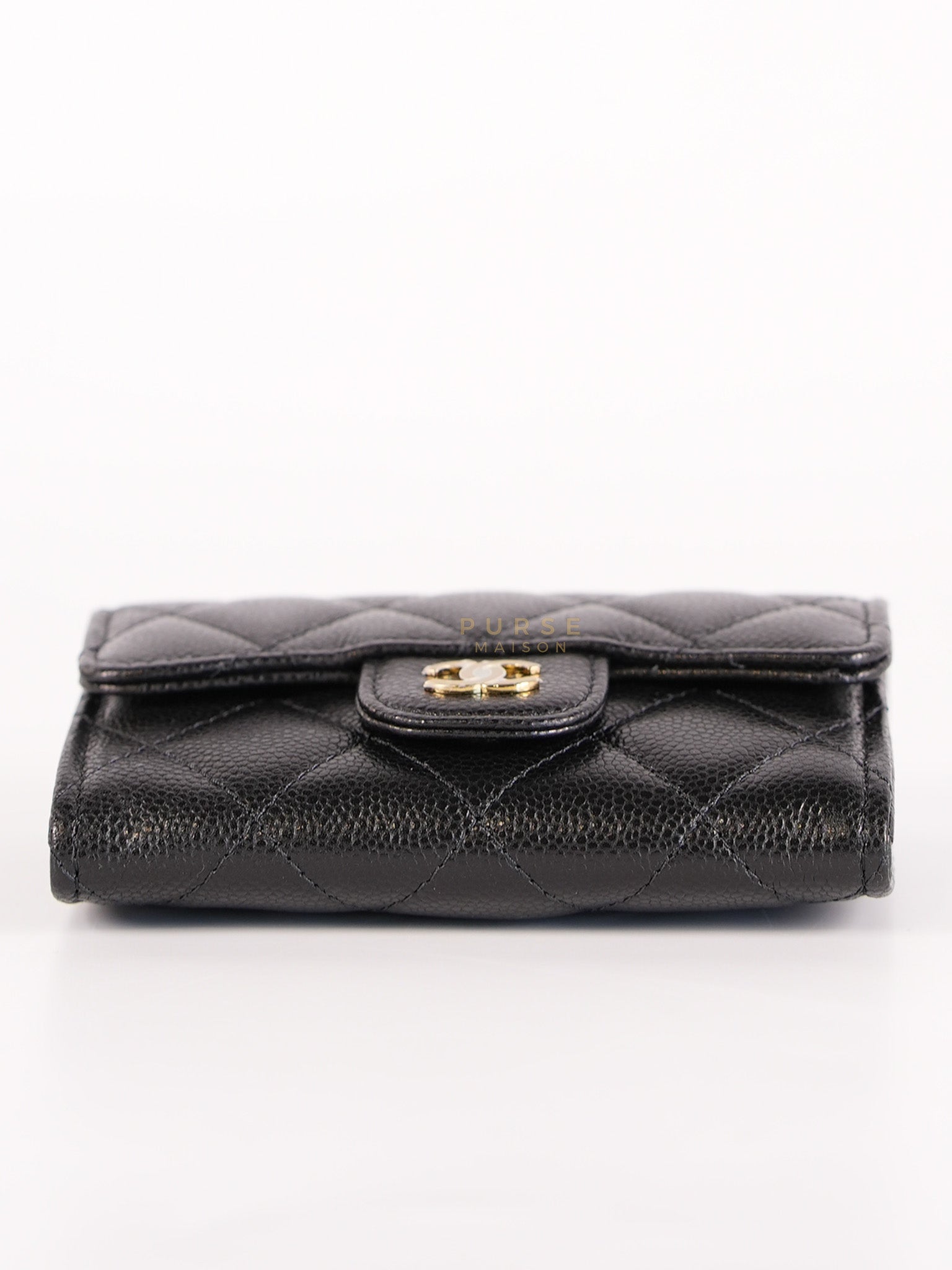 Classic Flap Card Holder in Black Caviar Leather and Light Gold Hardware (New Version with Zipper) (Microchip) | Purse Maison Luxury Bags Shop