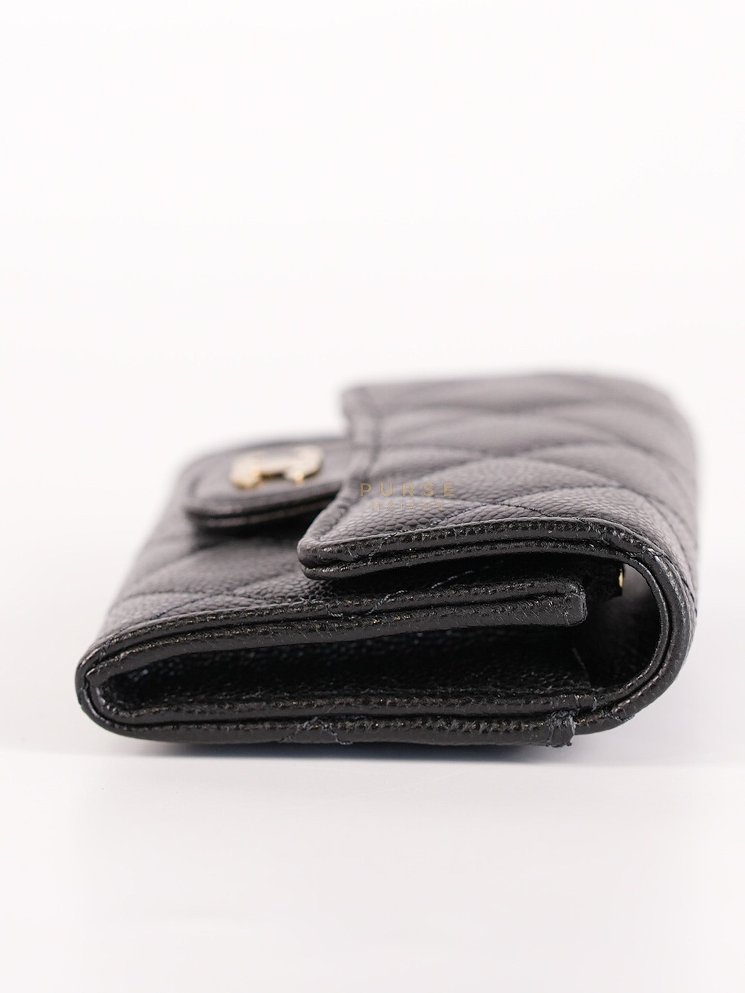 Classic Flap Card Holder in Black Caviar Leather and Light Gold Hardware (New Version with Zipper) (Microchip) | Purse Maison Luxury Bags Shop