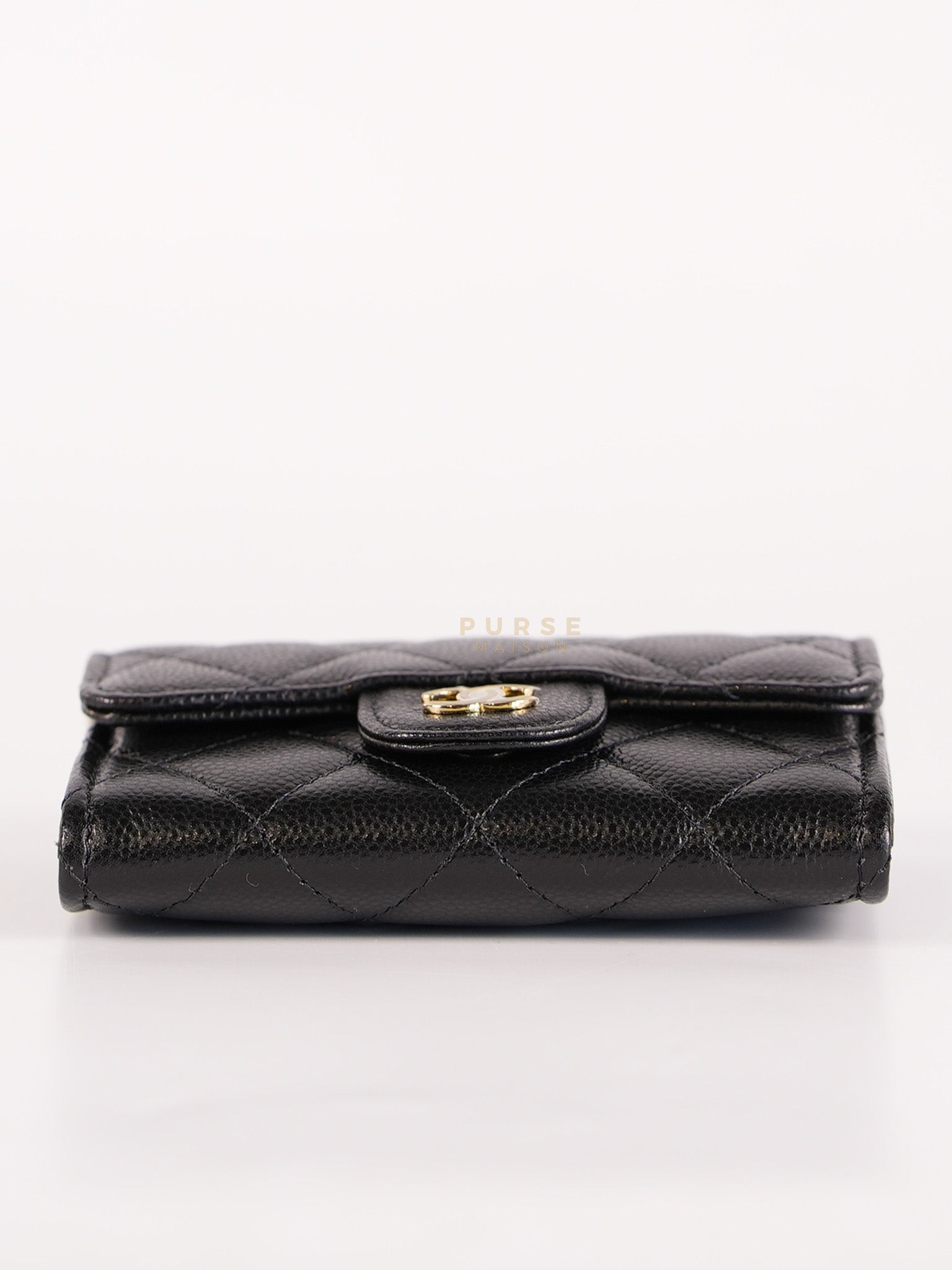 Classic Flap Card Holder in Black Caviar Leather and Light Gold Hardware (New Version with Zipper) (Microchip) | Purse Maison Luxury Bags Shop
