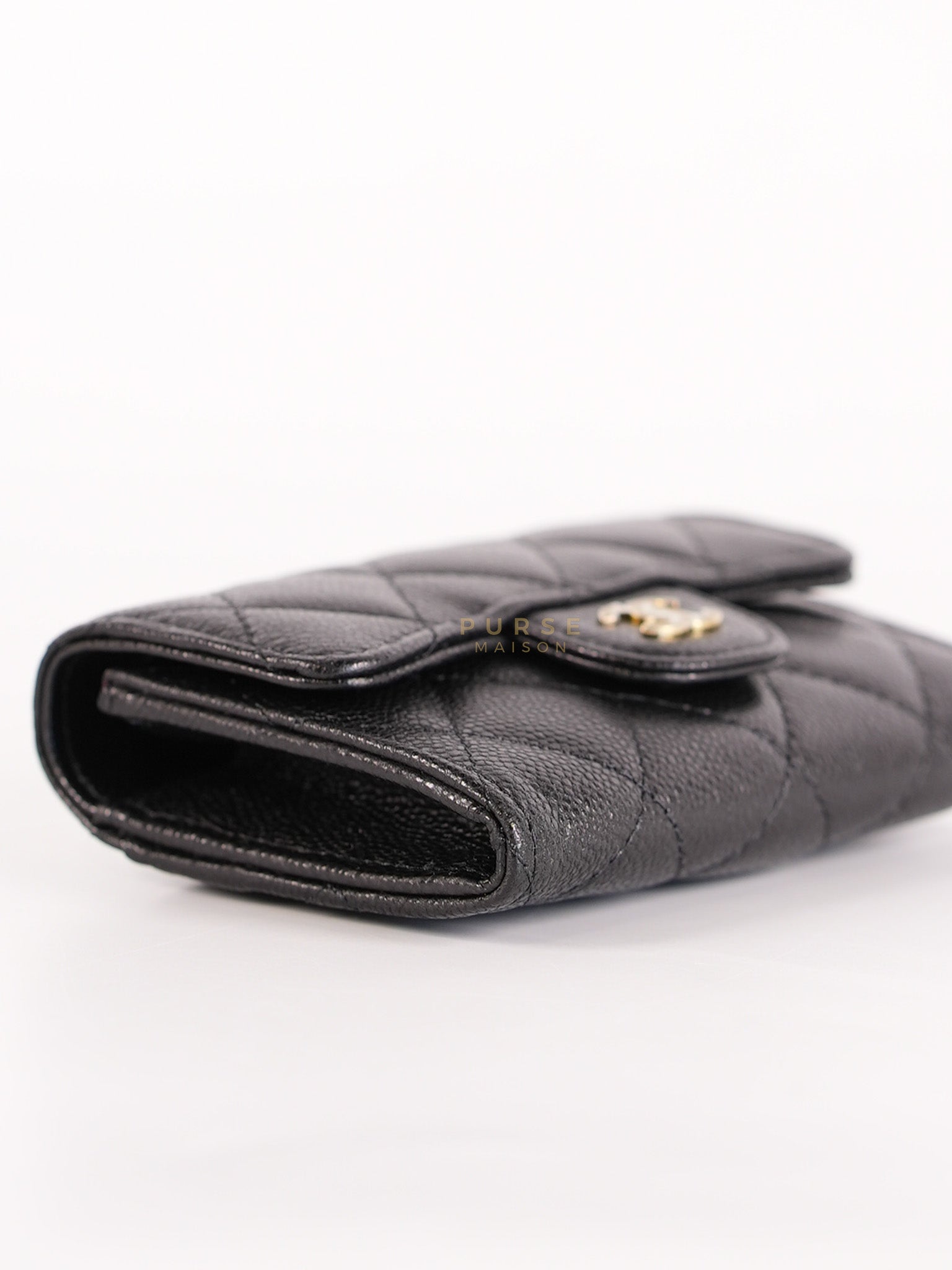 Classic Flap Card Holder in Black Caviar Leather and Light Gold Hardware (New Version with Zipper) (Microchip) | Purse Maison Luxury Bags Shop