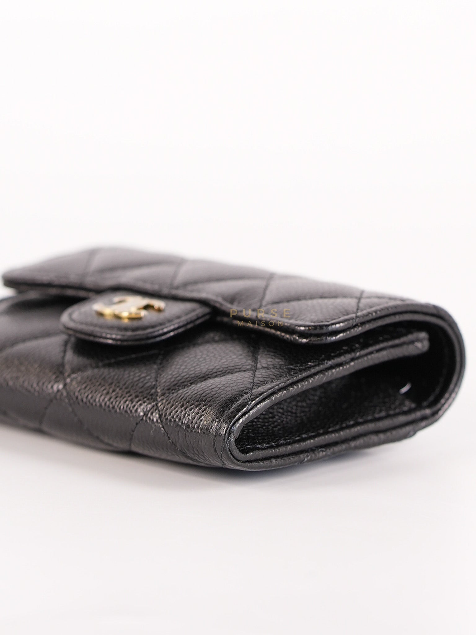 Classic Flap Card Holder in Black Caviar Leather and Light Gold Hardware (New Version with Zipper) (Microchip) | Purse Maison Luxury Bags Shop