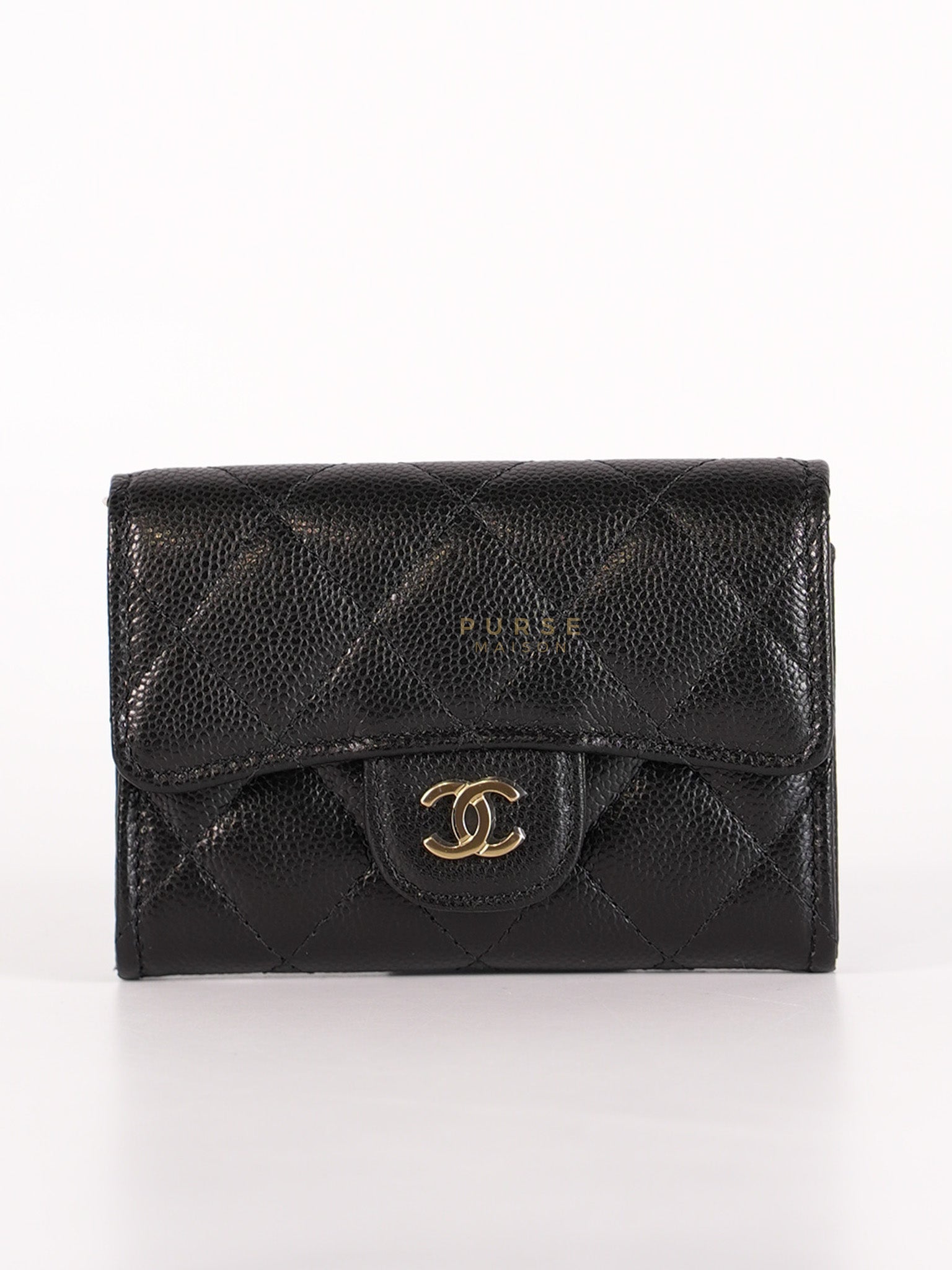 Classic Flap Card Holder in Black Caviar Leather and Light Gold Hardware (New Version with Zipper) (Microchip) | Purse Maison Luxury Bags Shop