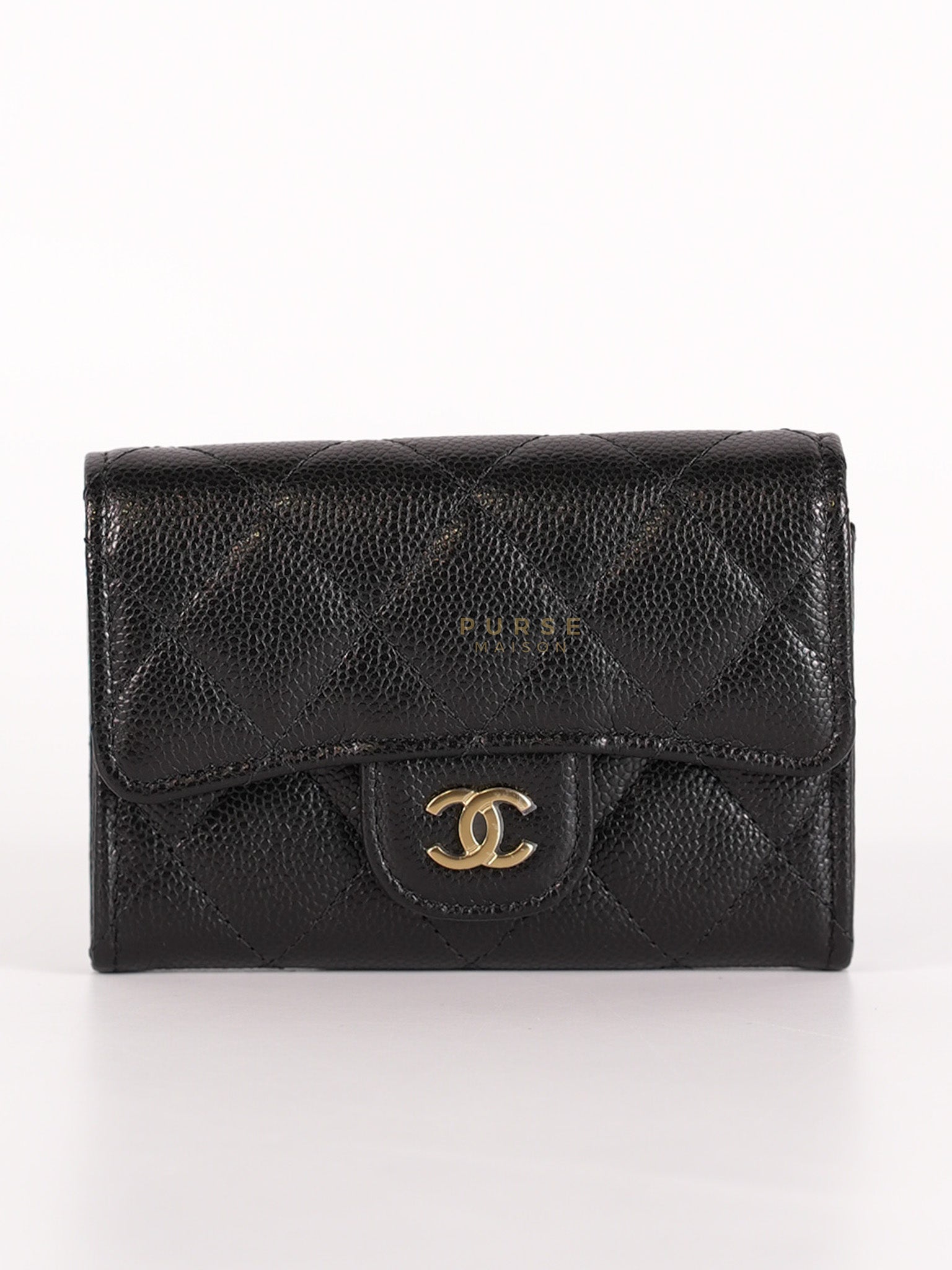 Classic Flap Card Holder in Black Caviar Leather and Light Gold Hardware (New Version with Zipper) (Microchip) | Purse Maison Luxury Bags Shop
