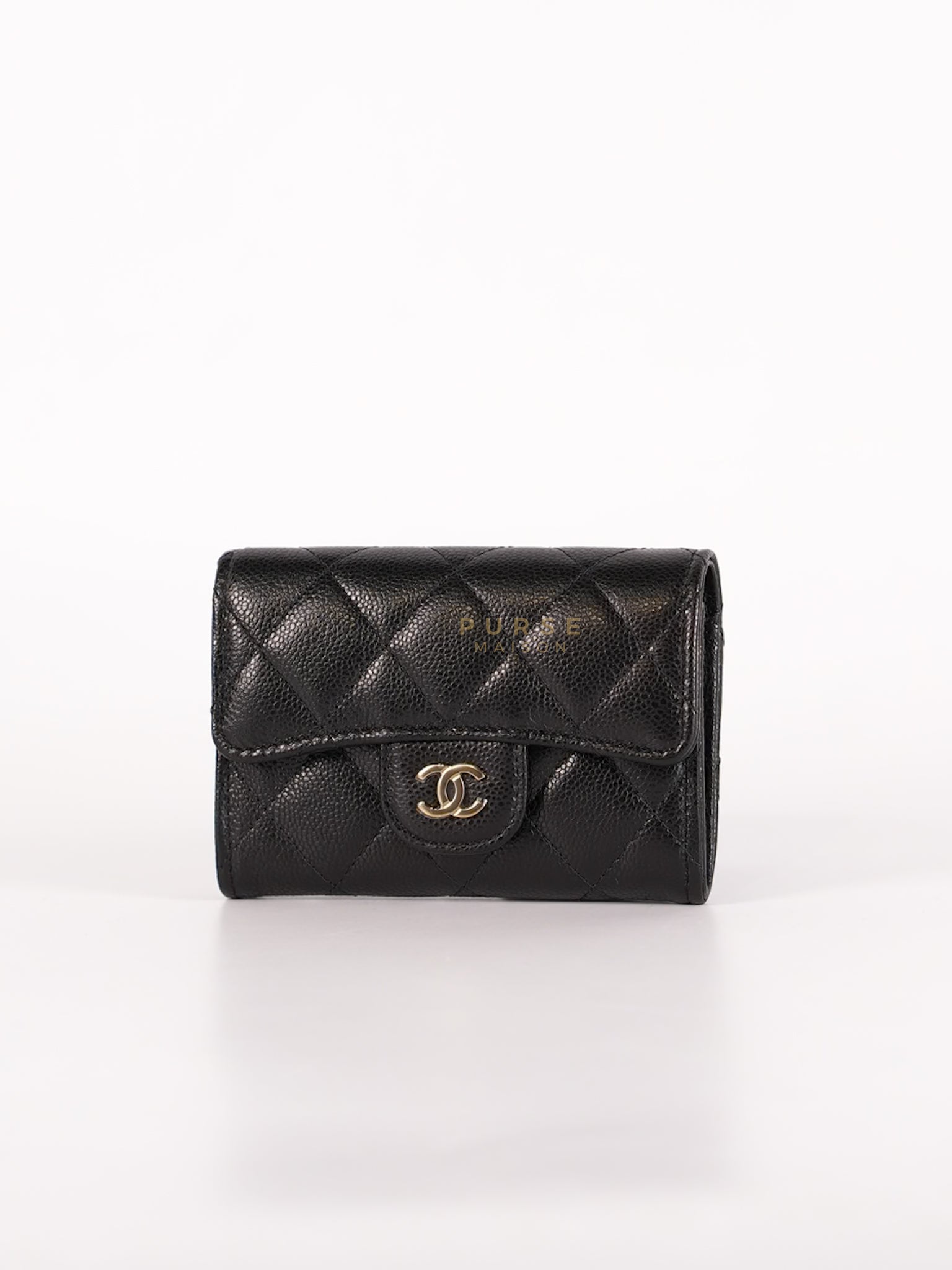 Classic Flap Card Holder in Black Caviar Leather and Light Gold Hardware (New Version with Zipper) (Microchip) | Purse Maison Luxury Bags Shop