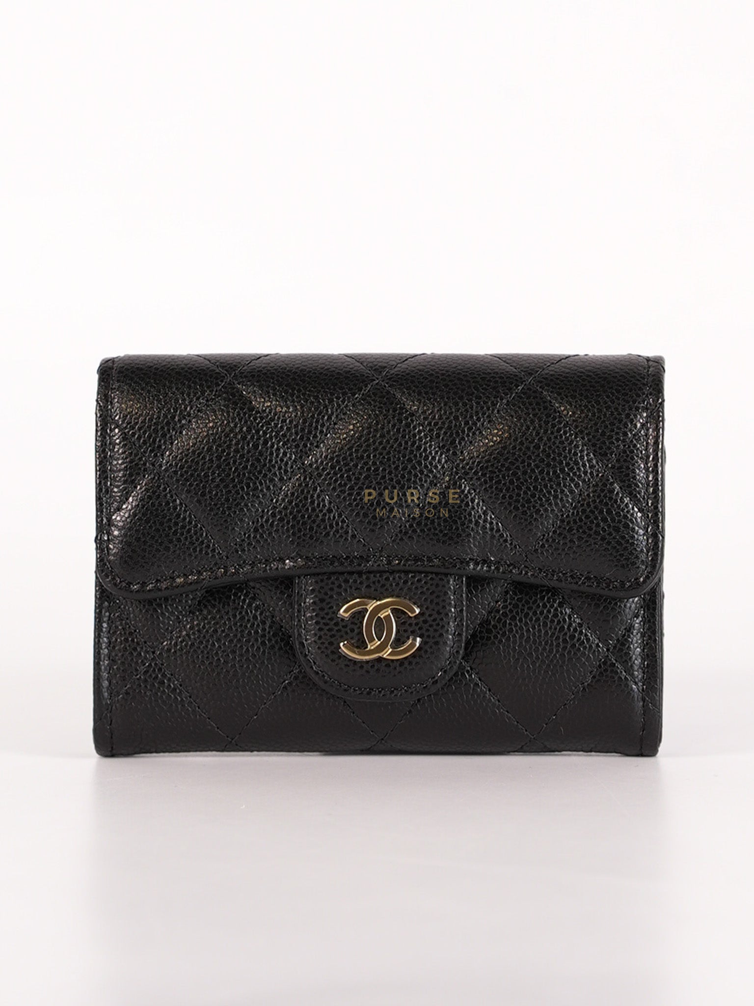 Classic Flap Card Holder in Black Caviar Leather and Light Gold Hardware (New Version with Zipper) (Microchip) | Purse Maison Luxury Bags Shop
