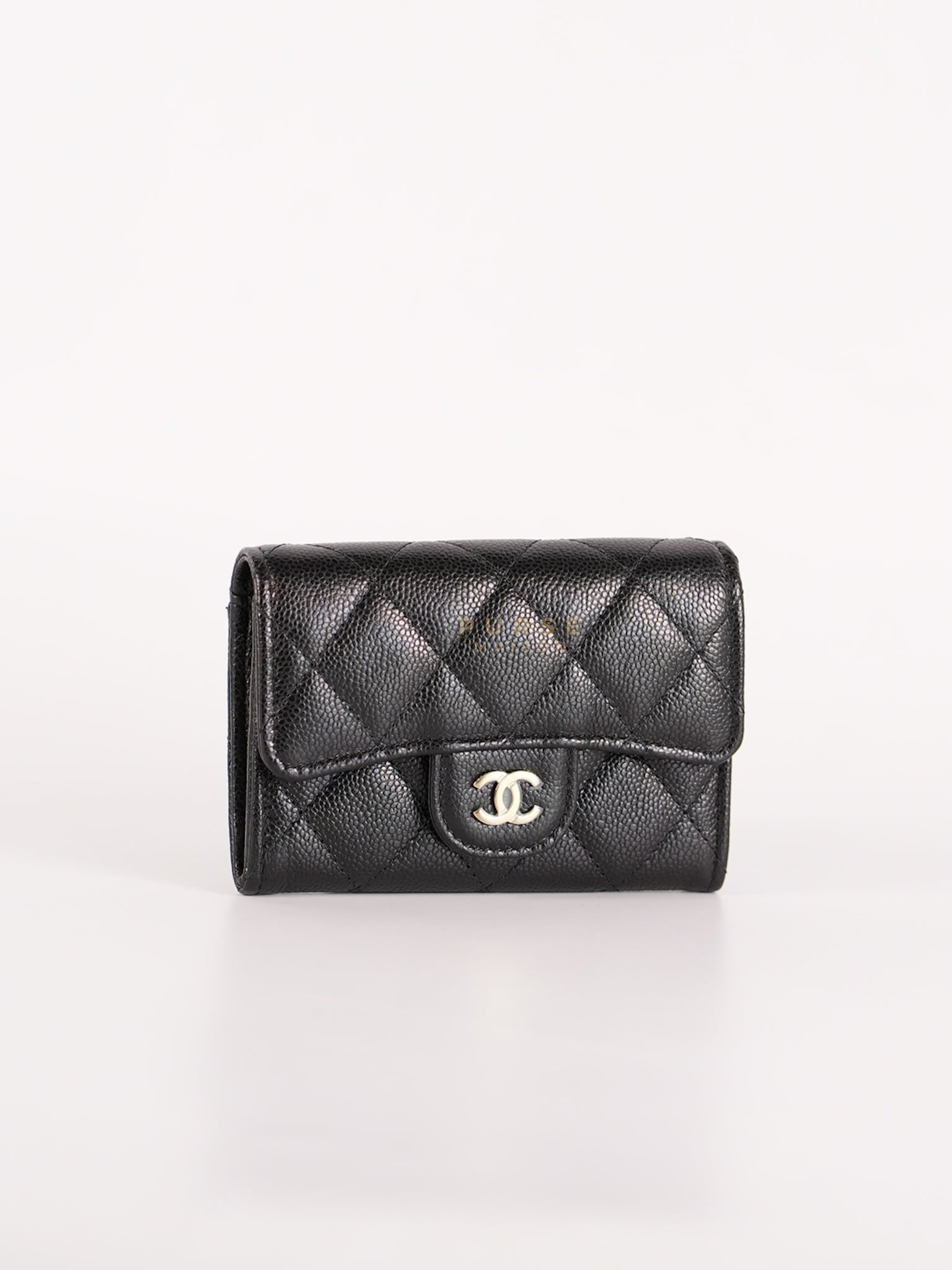 Classic Flap Card Holder in Black Caviar Leather and Light Gold Hardware (New Version with Zipper) (Microchip) | Purse Maison Luxury Bags Shop