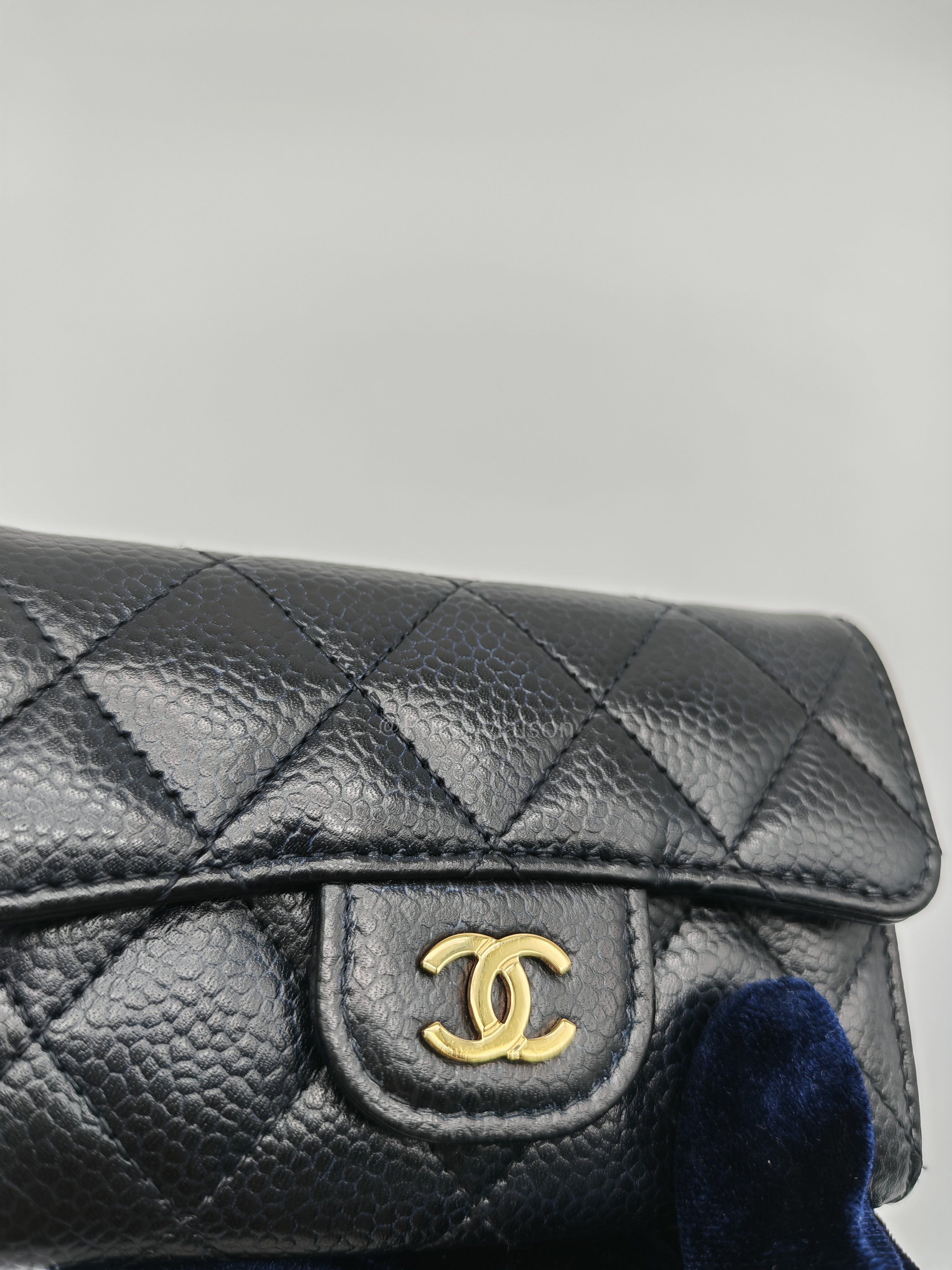 Classic Flap Card Holder in Black Quilted Caviar Leather and Gold Hardware Microchip | Purse Maison Luxury Bags Shop
