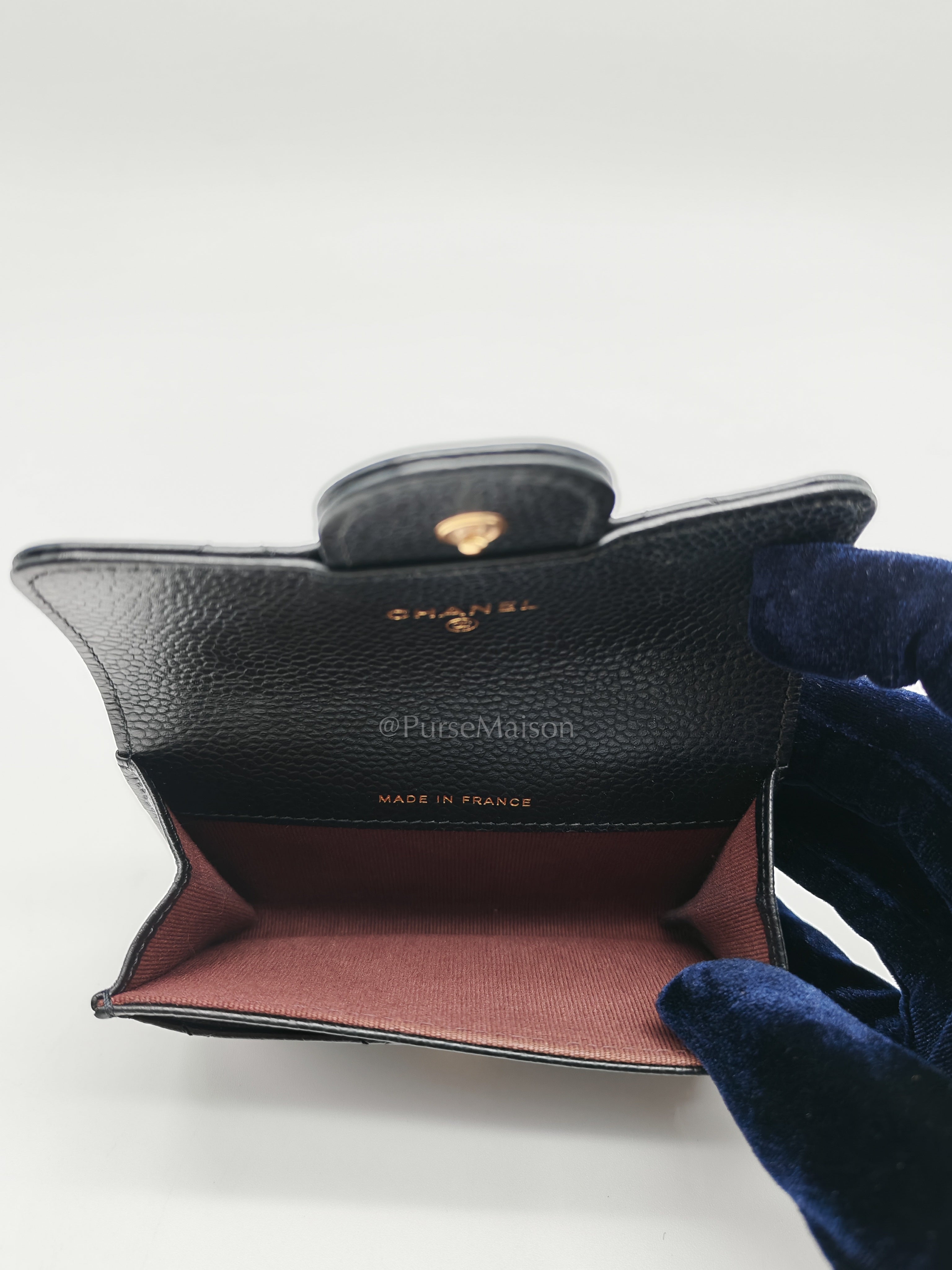 Classic Flap Card Holder in Black Quilted Caviar Leather and Gold Hardware Microchip | Purse Maison Luxury Bags Shop