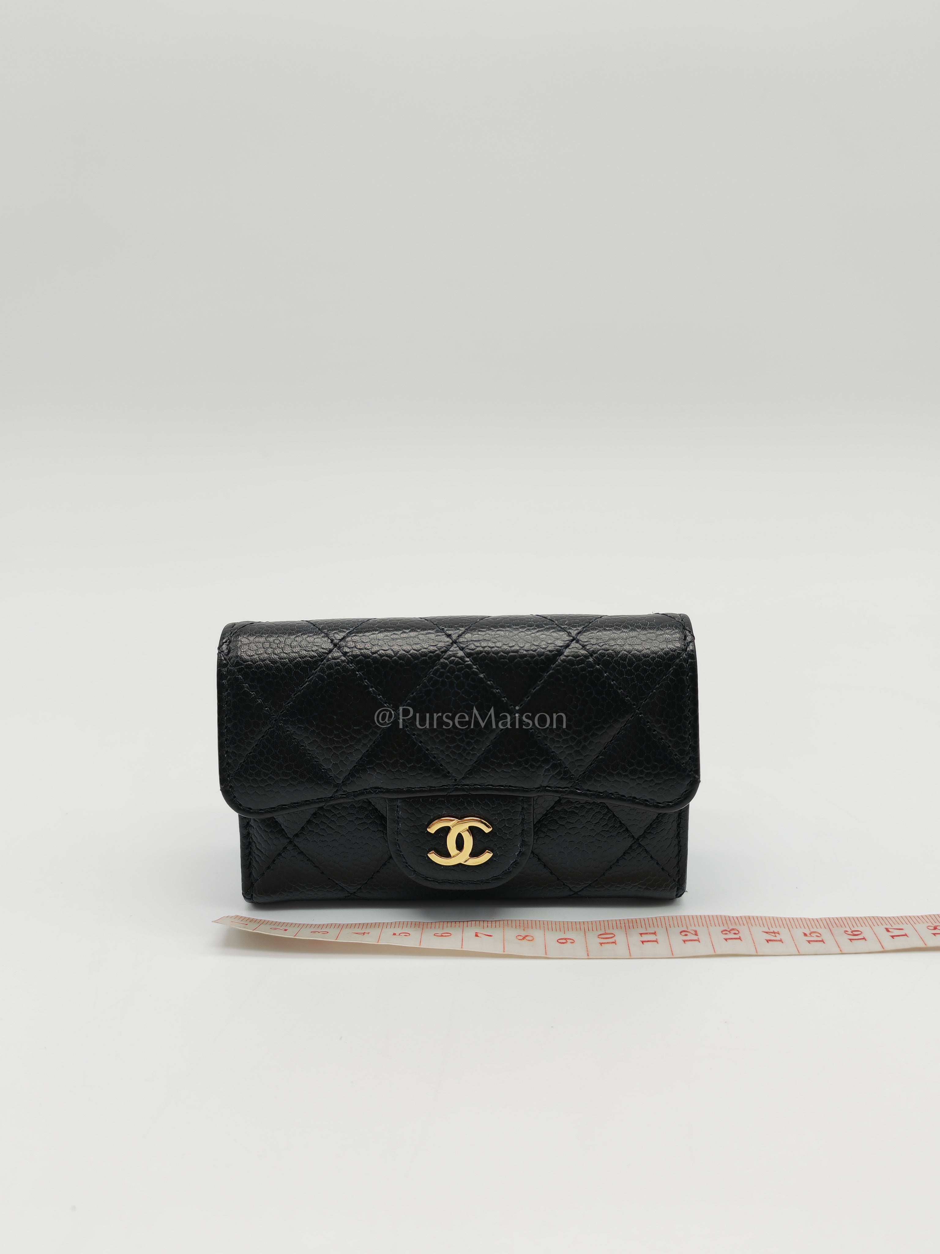 Classic Flap Card Holder in Black Quilted Caviar Leather and Gold Hardware Microchip | Purse Maison Luxury Bags Shop