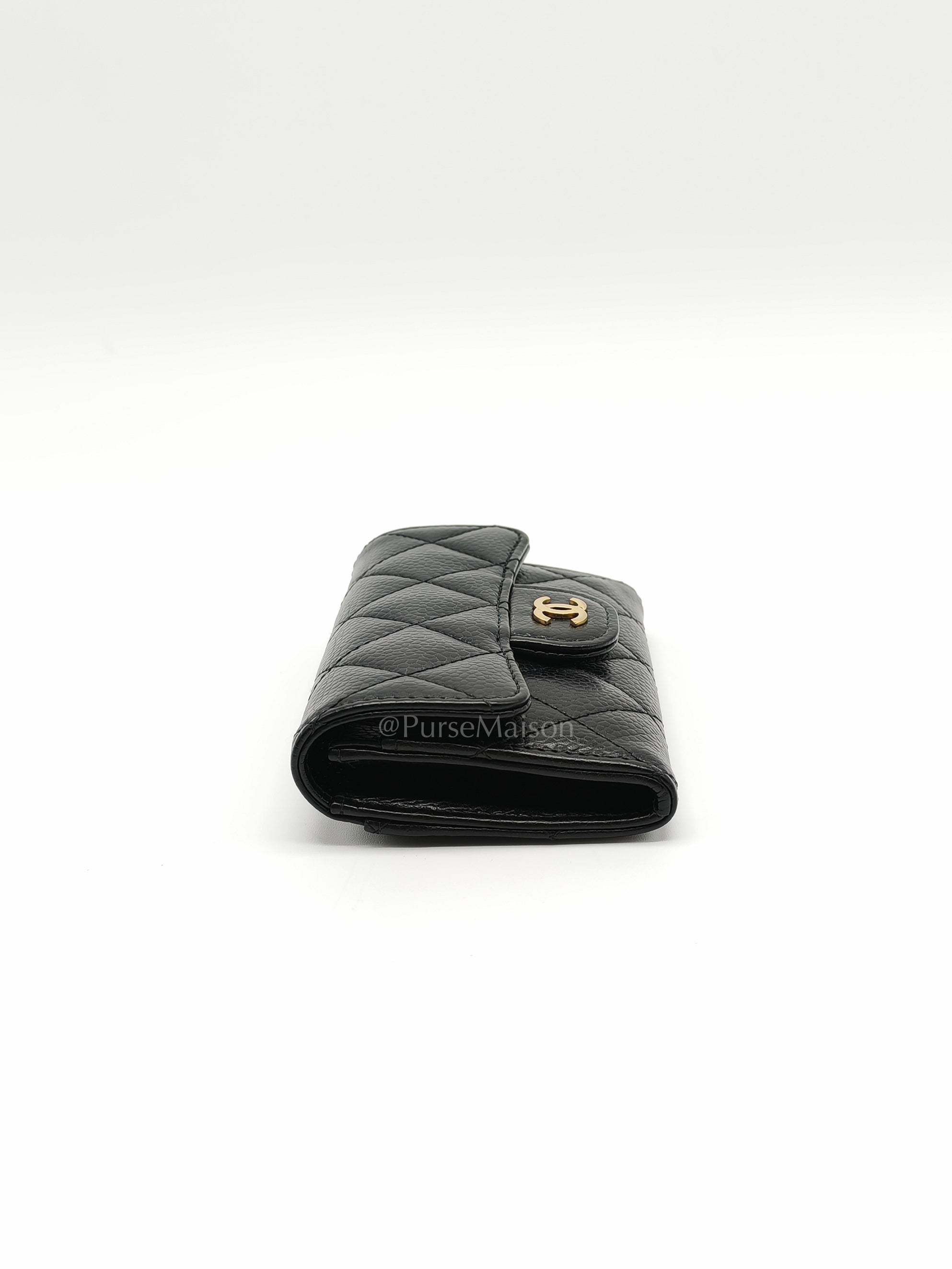 Classic Flap Card Holder in Black Quilted Caviar Leather and Gold Hardware Microchip | Purse Maison Luxury Bags Shop
