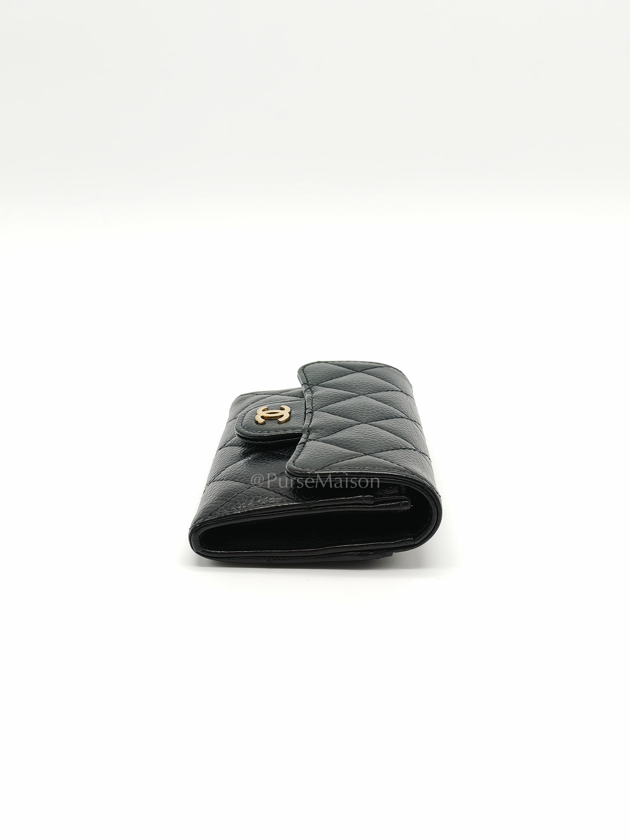 Classic Flap Card Holder in Black Quilted Caviar Leather and Gold Hardware Microchip | Purse Maison Luxury Bags Shop