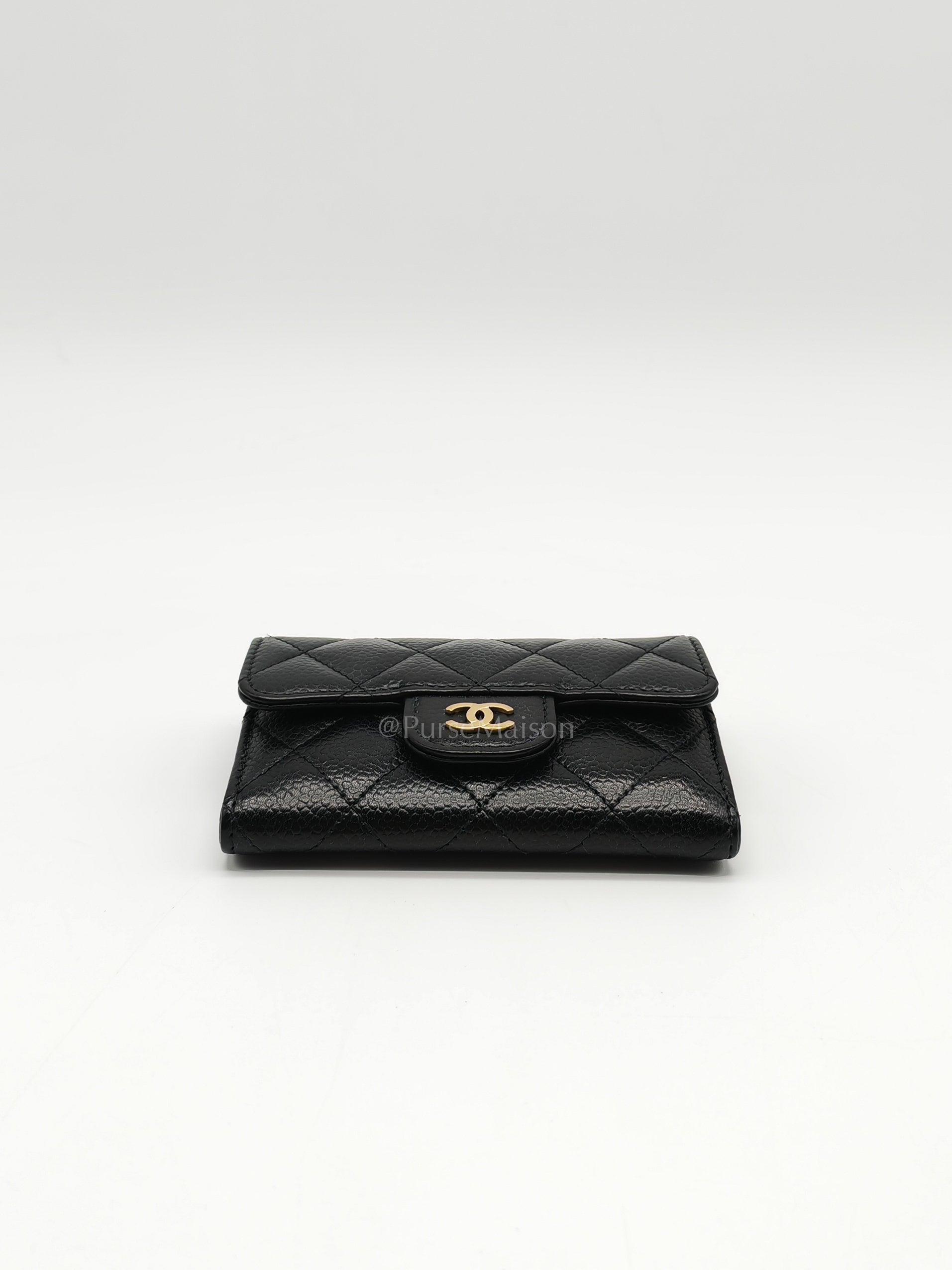 Classic Flap Card Holder in Black Quilted Caviar Leather and Gold Hardware Microchip | Purse Maison Luxury Bags Shop