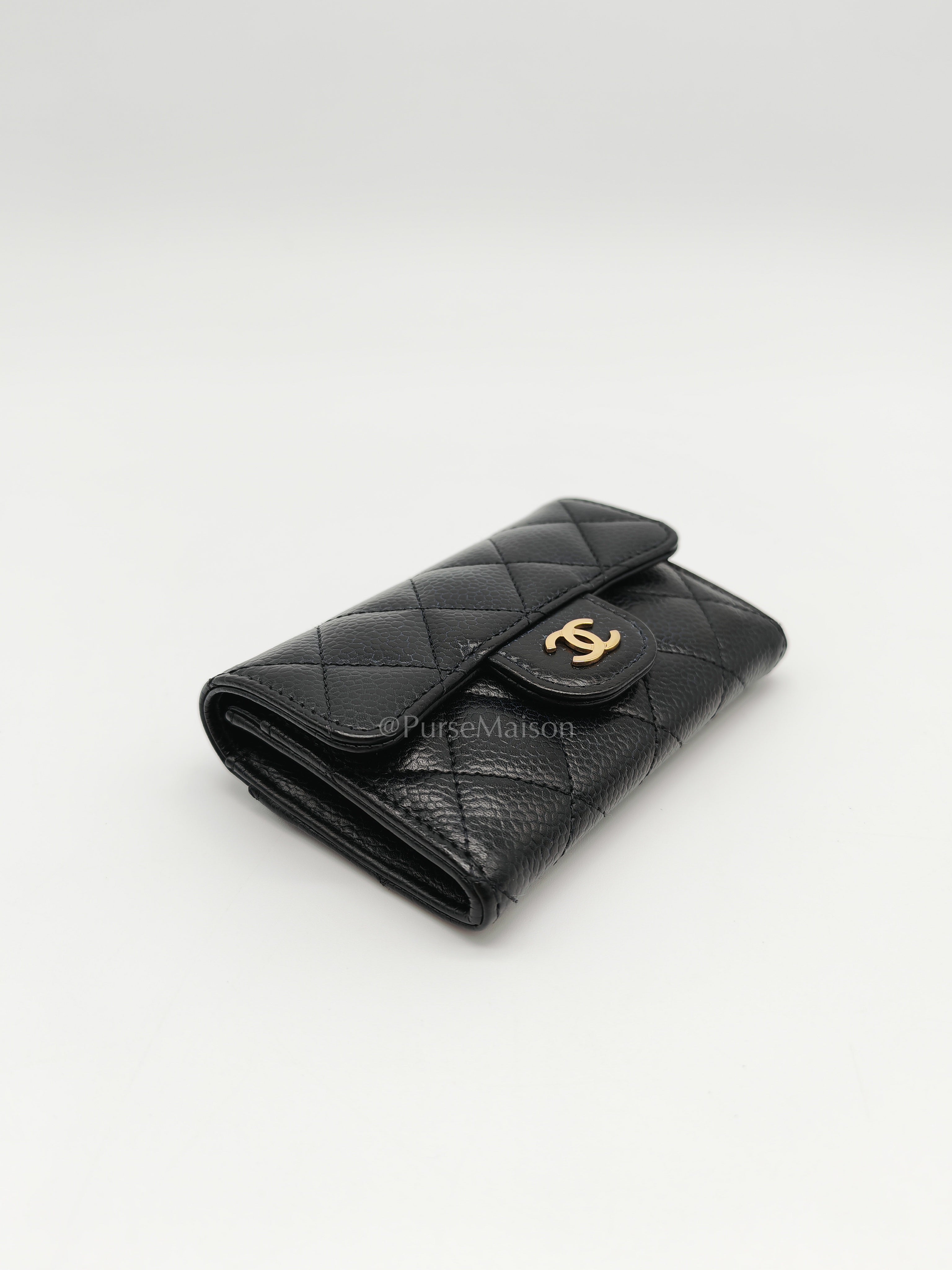 Classic Flap Card Holder in Black Quilted Caviar Leather and Gold Hardware Microchip | Purse Maison Luxury Bags Shop