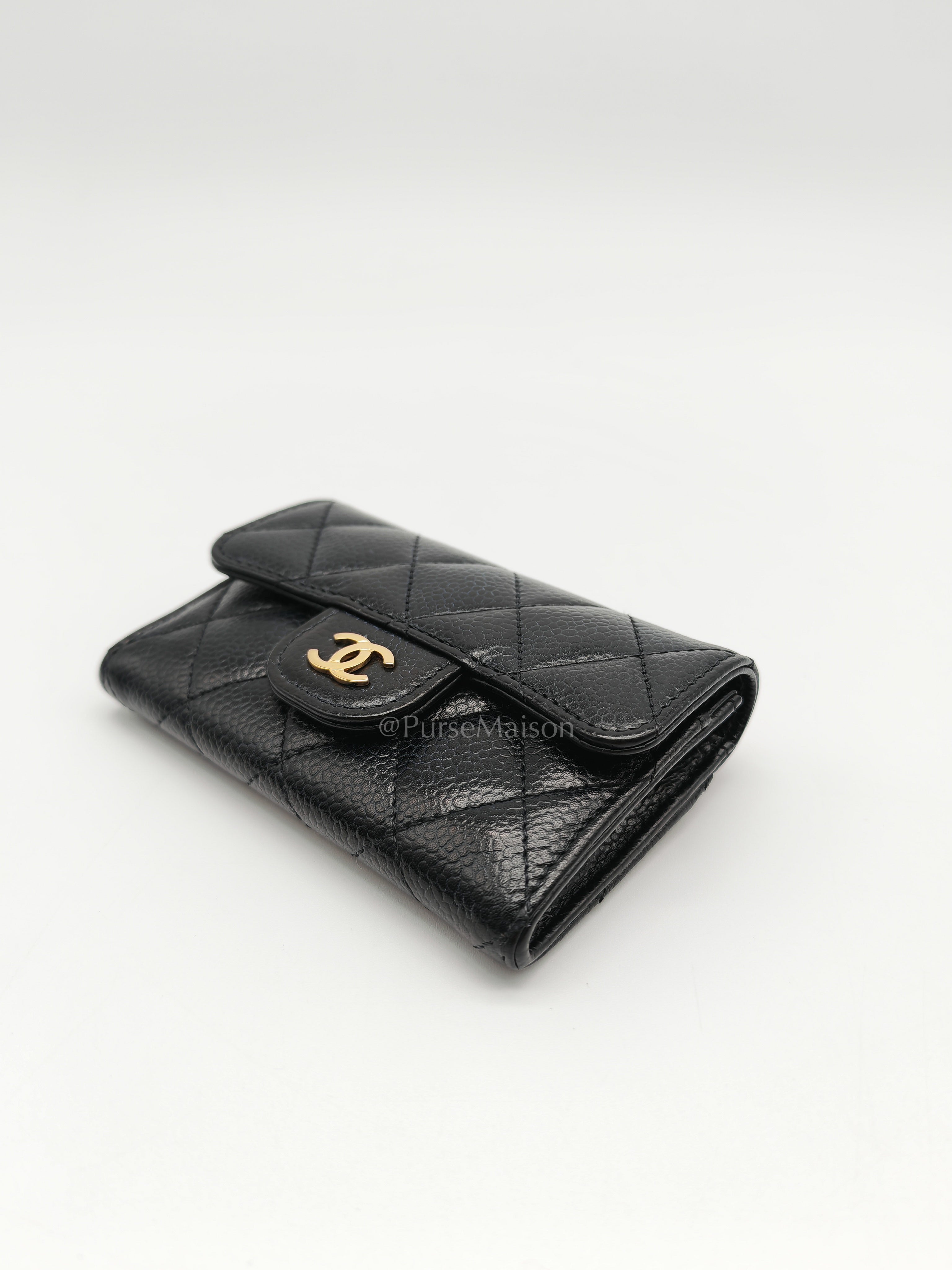 Classic Flap Card Holder in Black Quilted Caviar Leather and Gold Hardware Microchip | Purse Maison Luxury Bags Shop