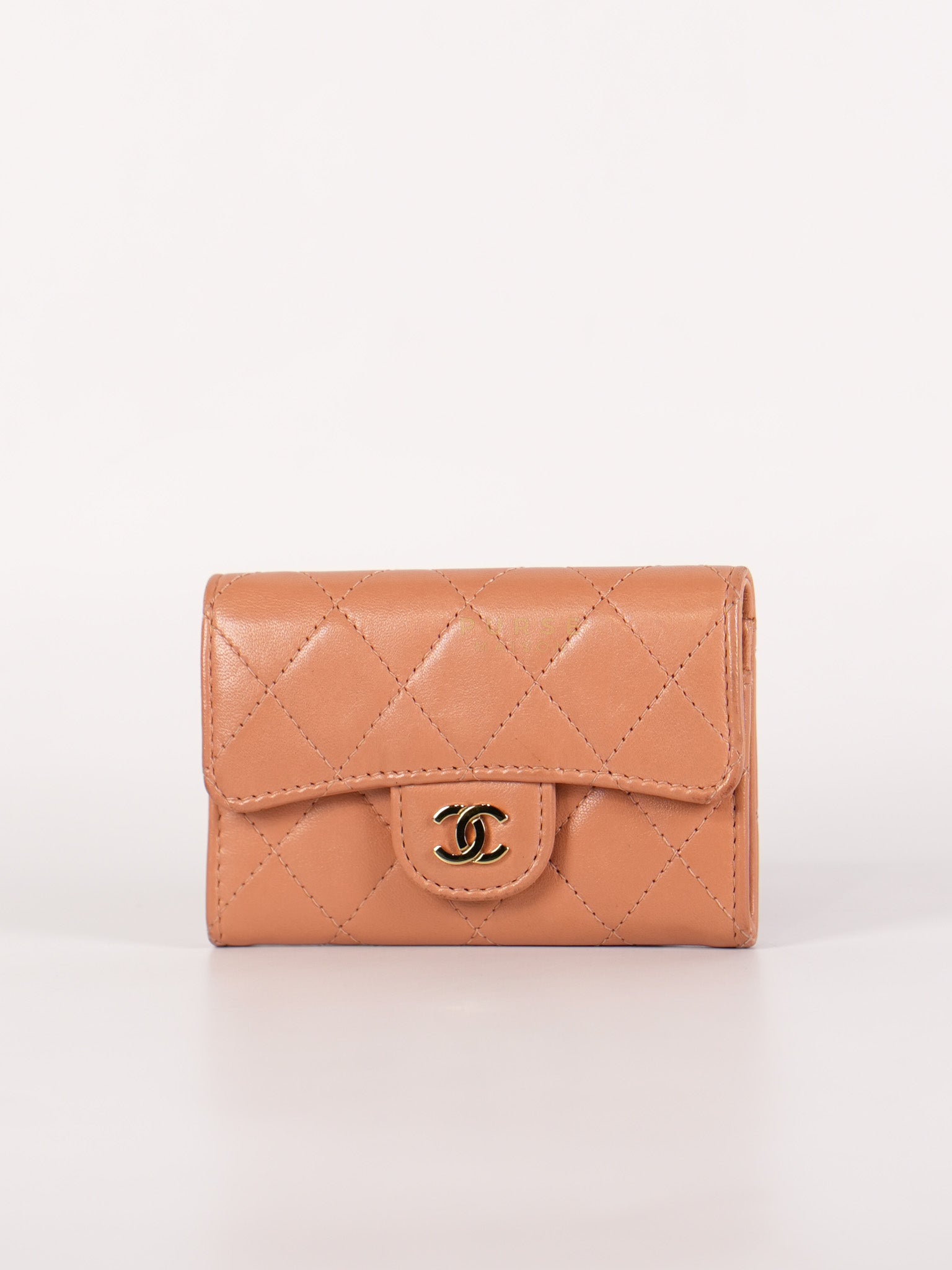 Classic Flap Card Holder in Peach Lambskin Leather and Light Gold Hardware Series 25 | Purse Maison Luxury Bags Shop