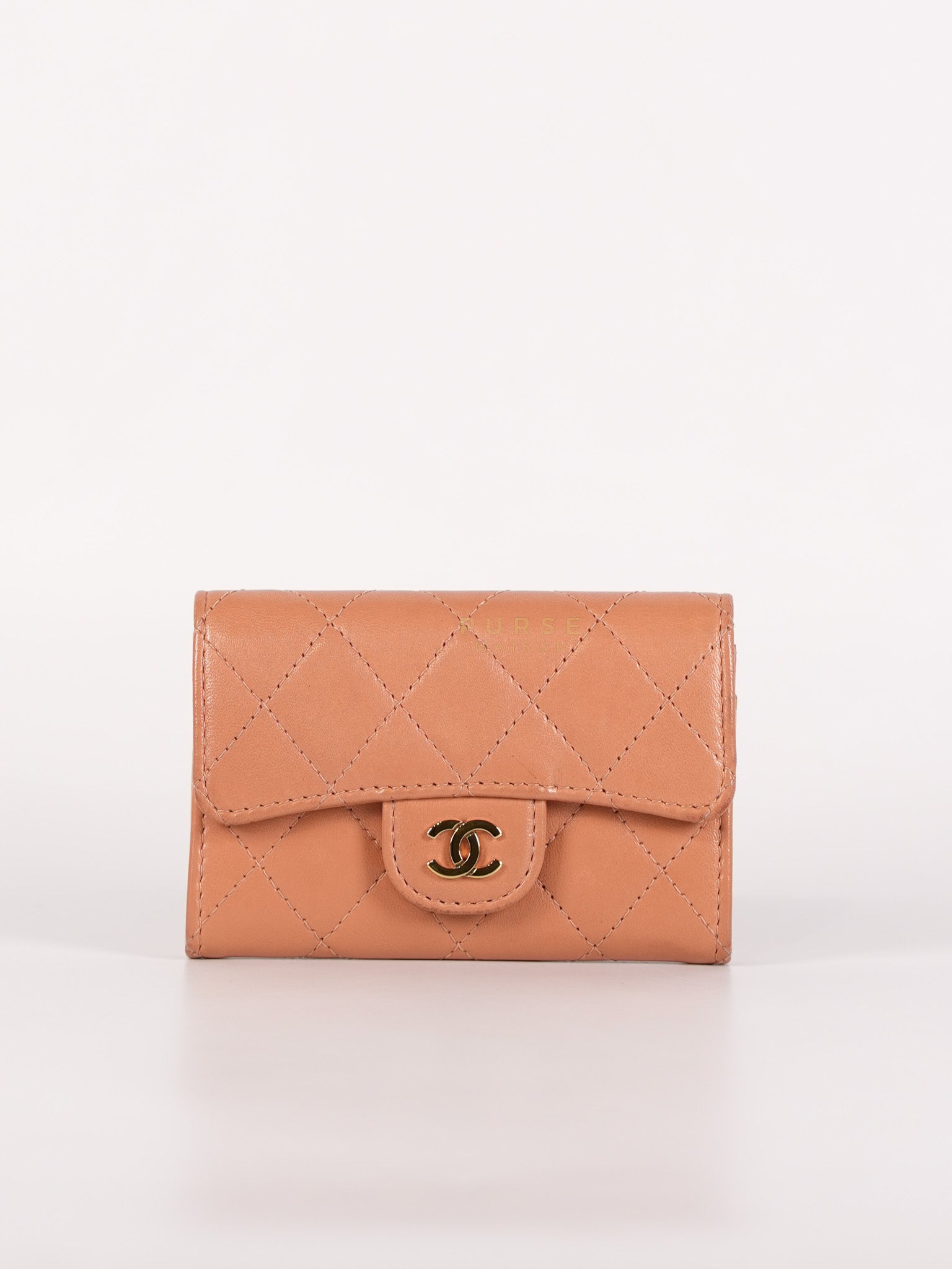 Classic Flap Card Holder in Peach Lambskin Leather and Light Gold Hardware Series 25 | Purse Maison Luxury Bags Shop