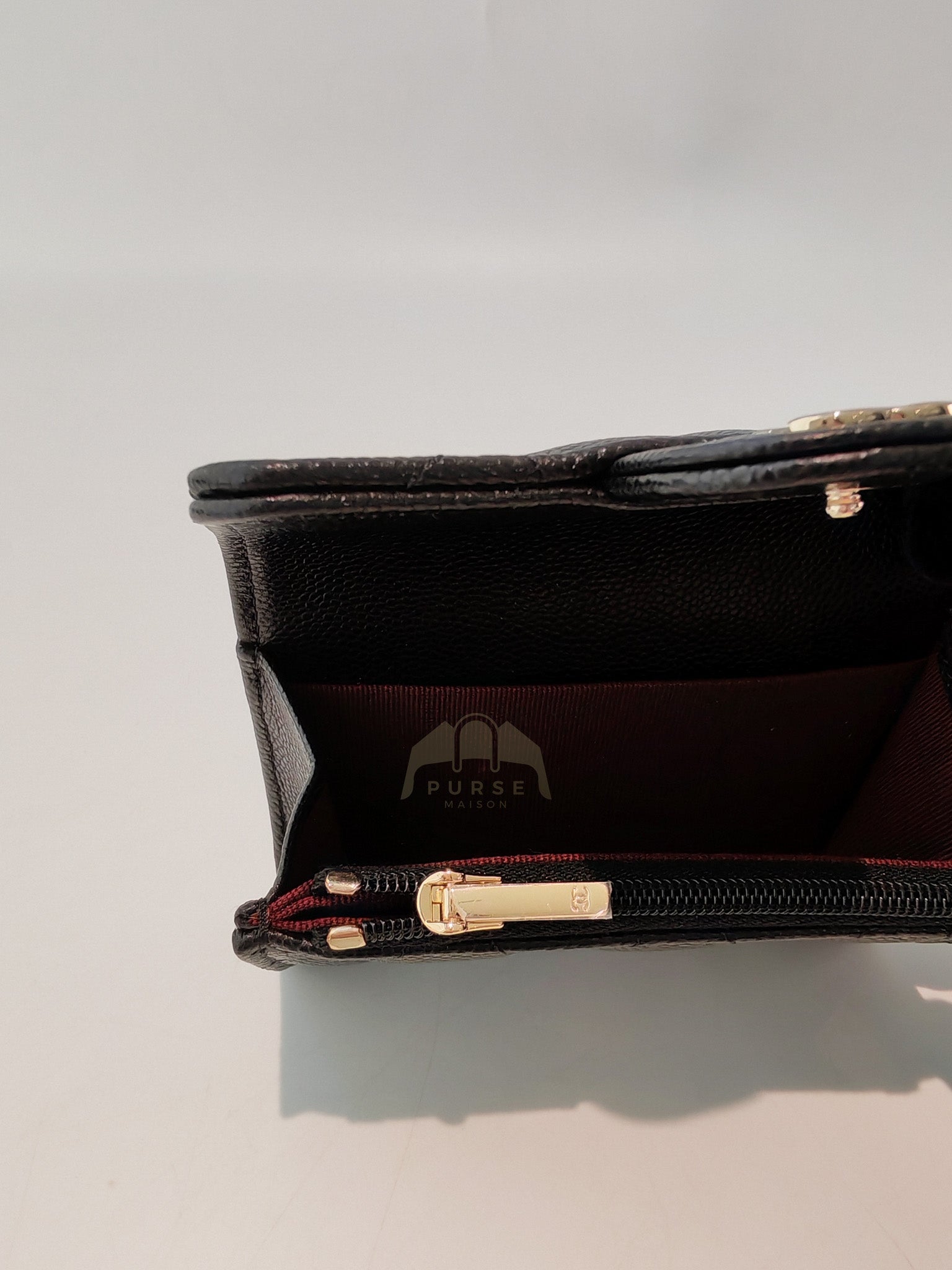 Classic Flap Card Holder with Zipper in Black Caviar Leather & Light Gold Hardware Microchip(HP****K8) | Purse Maison Luxury Bags Shop