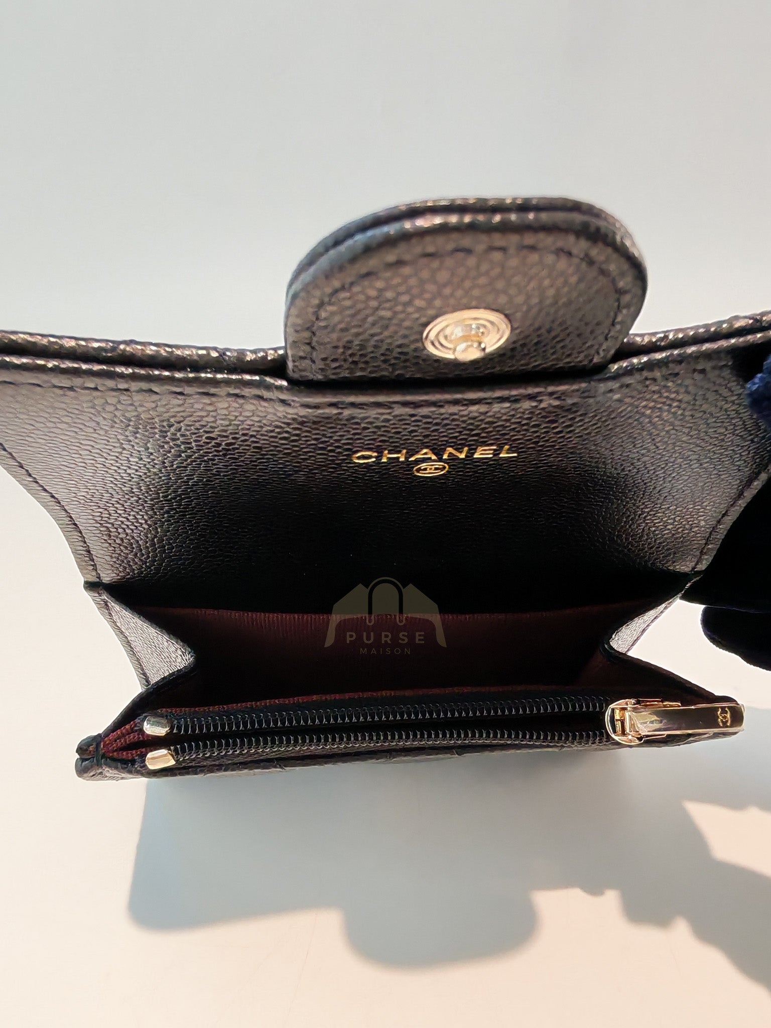 Classic Flap Card Holder with Zipper in Black Caviar Leather & Light Gold Hardware Microchip(HP****K8) | Purse Maison Luxury Bags Shop