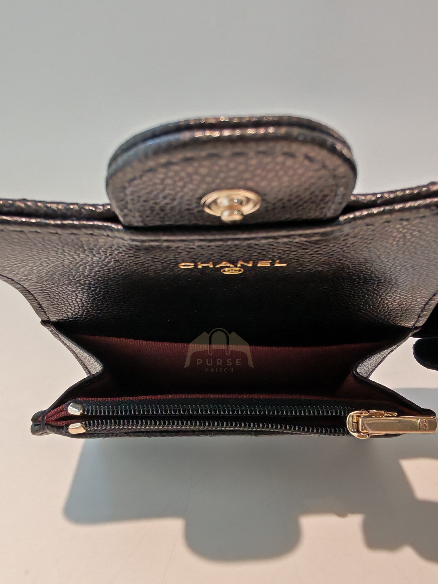 Classic Flap Card Holder with Zipper in Black Caviar Leather & Light Gold Hardware Microchip(HP****K8) | Purse Maison Luxury Bags Shop