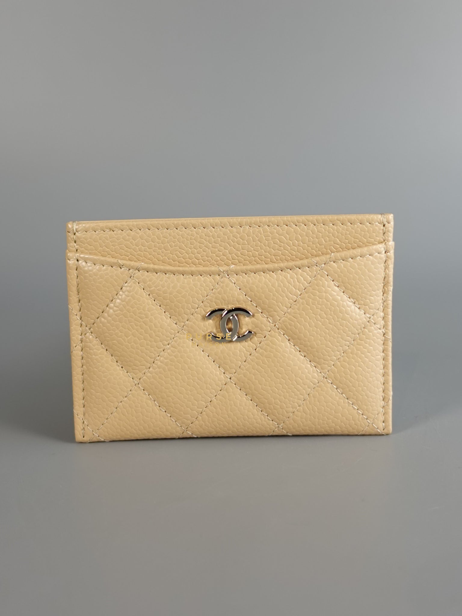 Classic Flat Card Holder Beige Clair Caviar Leather and Silver Hardware (microchip) | Purse Maison Luxury Bags Shop