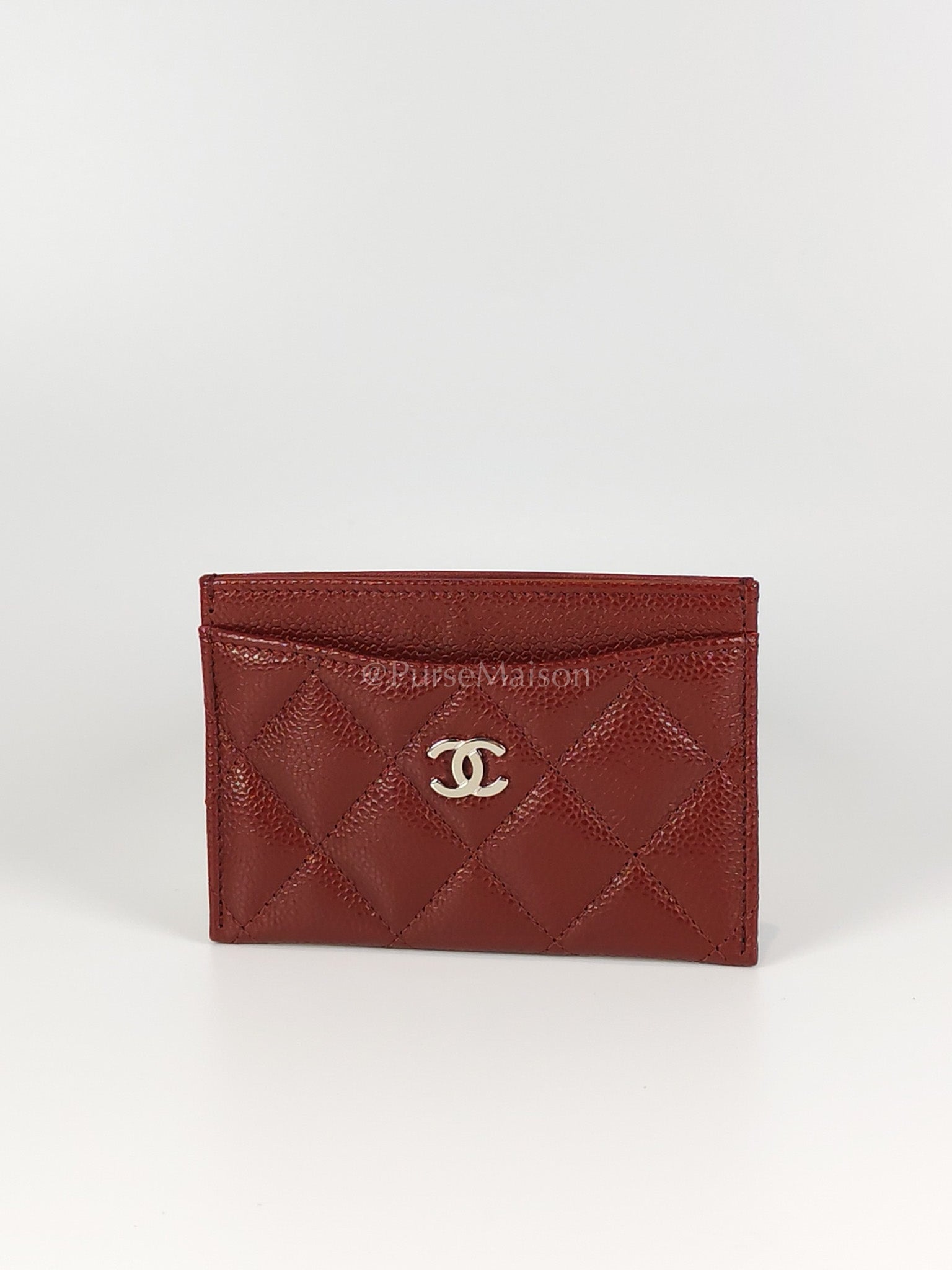 Classic Flat Card Holder in Burgundy Caviar Leather Silver Hardware (Series 30) | Purse Maison Luxury Bags Shop