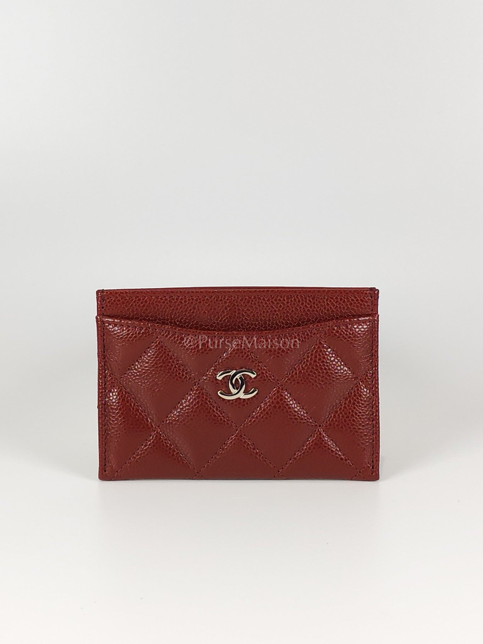Classic Flat Card Holder in Burgundy Caviar Leather Silver Hardware (Series 30) | Purse Maison Luxury Bags Shop