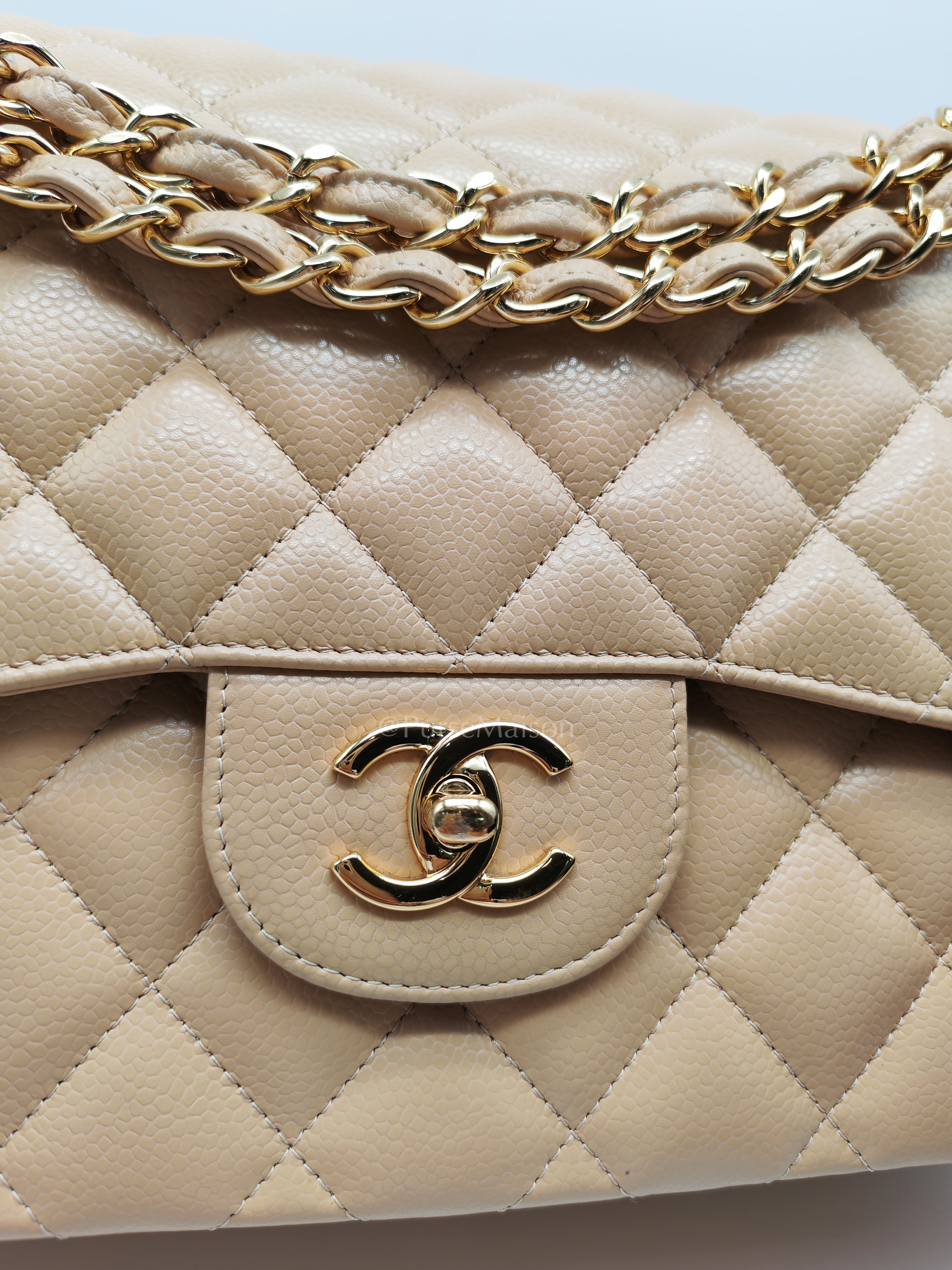 Classic Jumbo Double Flap in Beige Clair Leather and Gold Hardware Series 20 | Purse Maison Luxury Bags Shop