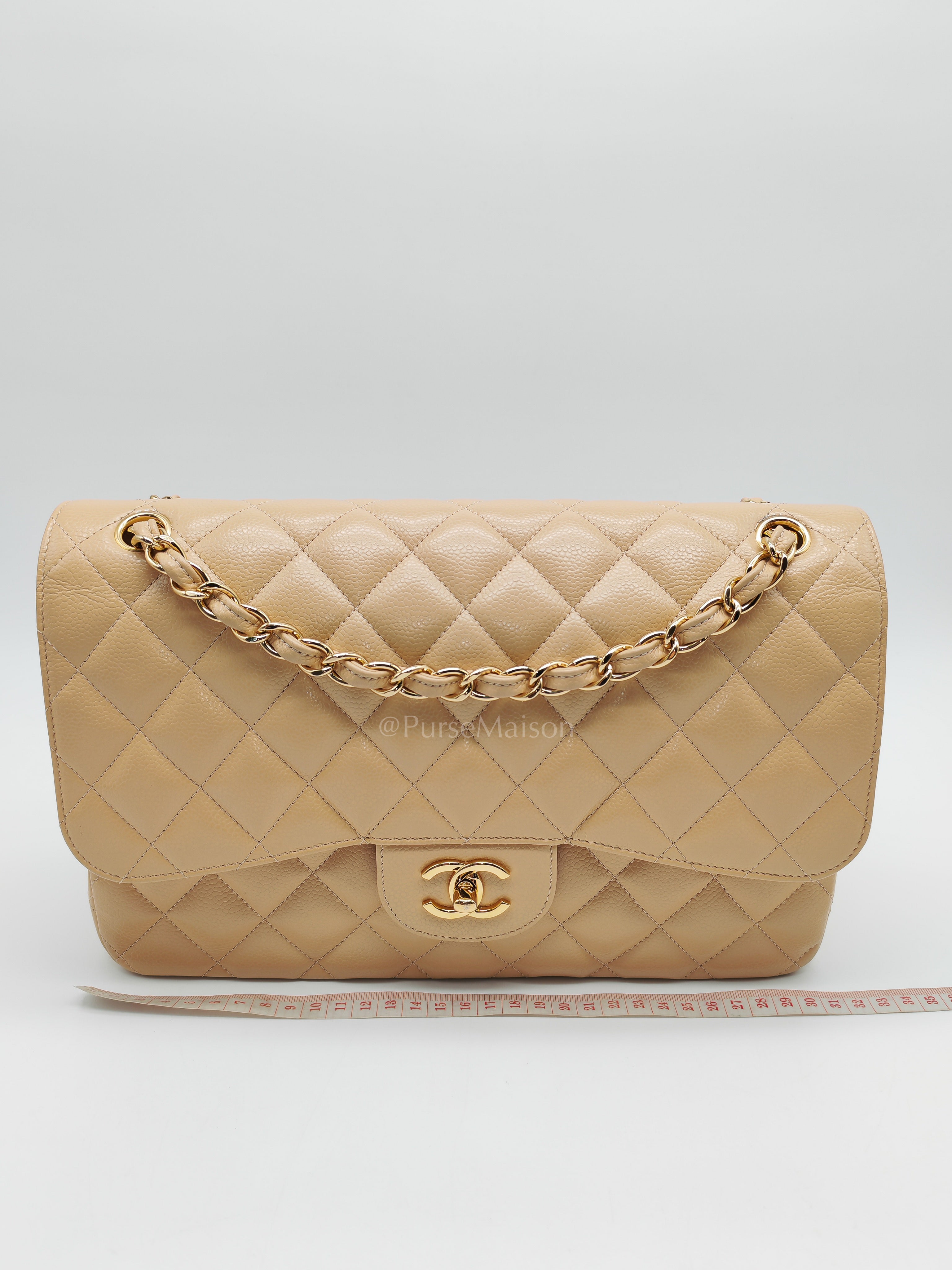 Classic Jumbo Double Flap in Beige Clair Leather and Gold Hardware Series 20 | Purse Maison Luxury Bags Shop