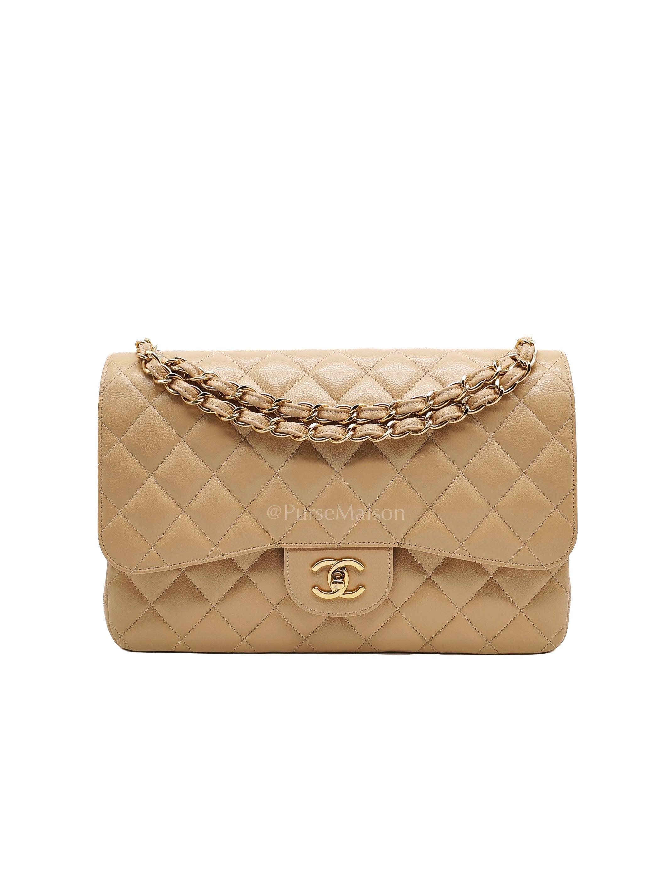 Classic Jumbo Double Flap in Beige Clair Leather and Gold Hardware Series 20 | Purse Maison Luxury Bags Shop