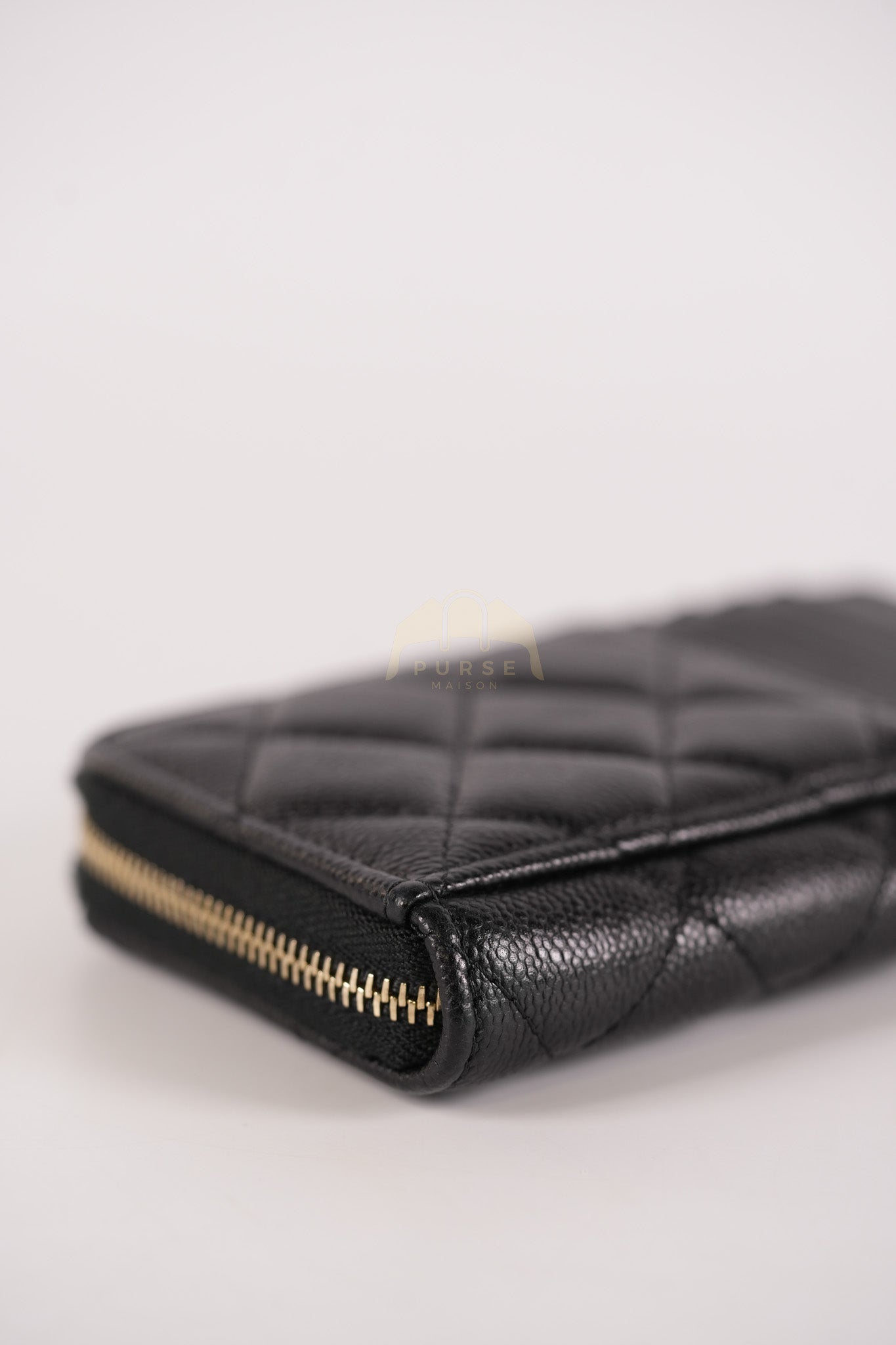 Classic L-Shaped Coin Card Case in Black Quilted Caviar Leather and Light Gold Hardware (Microchip) | Purse Maison Luxury Bags Shop
