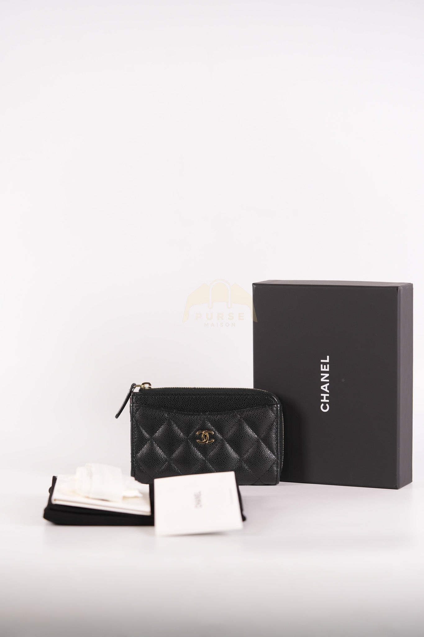 Classic L-Shaped Coin Card Case in Black Quilted Caviar Leather and Light Gold Hardware (Microchip) | Purse Maison Luxury Bags Shop
