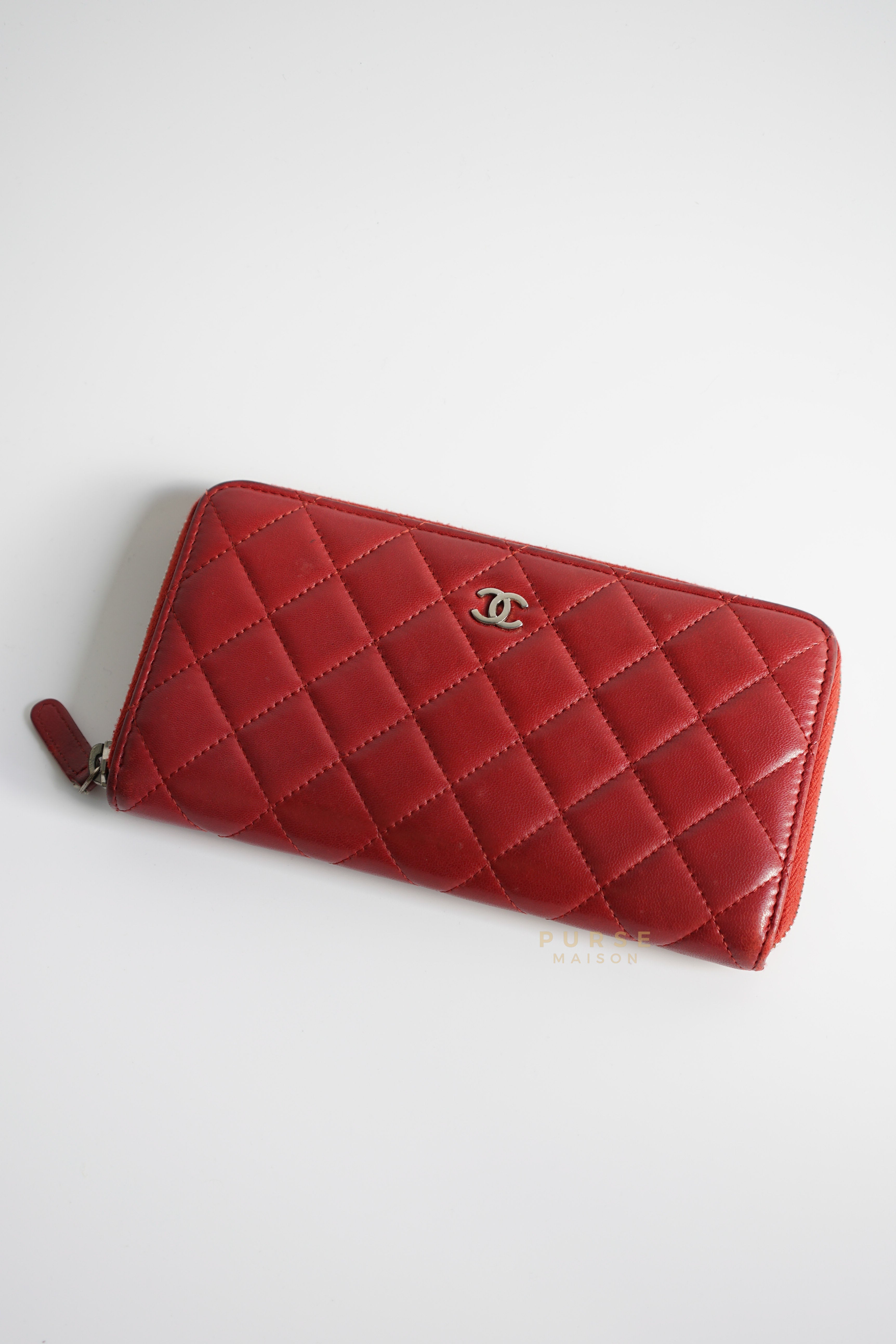Classic Long Zipped Wallet Red Lambskin Leather & Silver Hardware Series 15 | Purse Maison Luxury Bags Shop