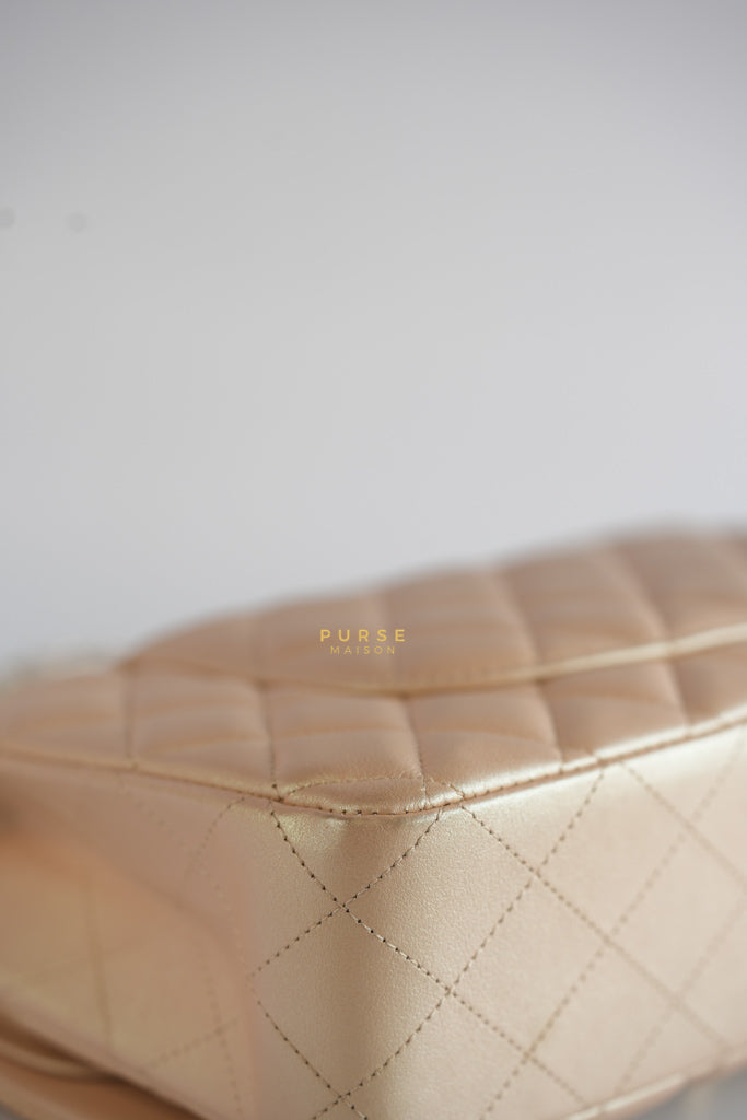 Classic Medium Double Flap Beige Iridescent Calfskin Leather Light Gold Hardware Series 31 | Purse Maison Luxury Bags Shop