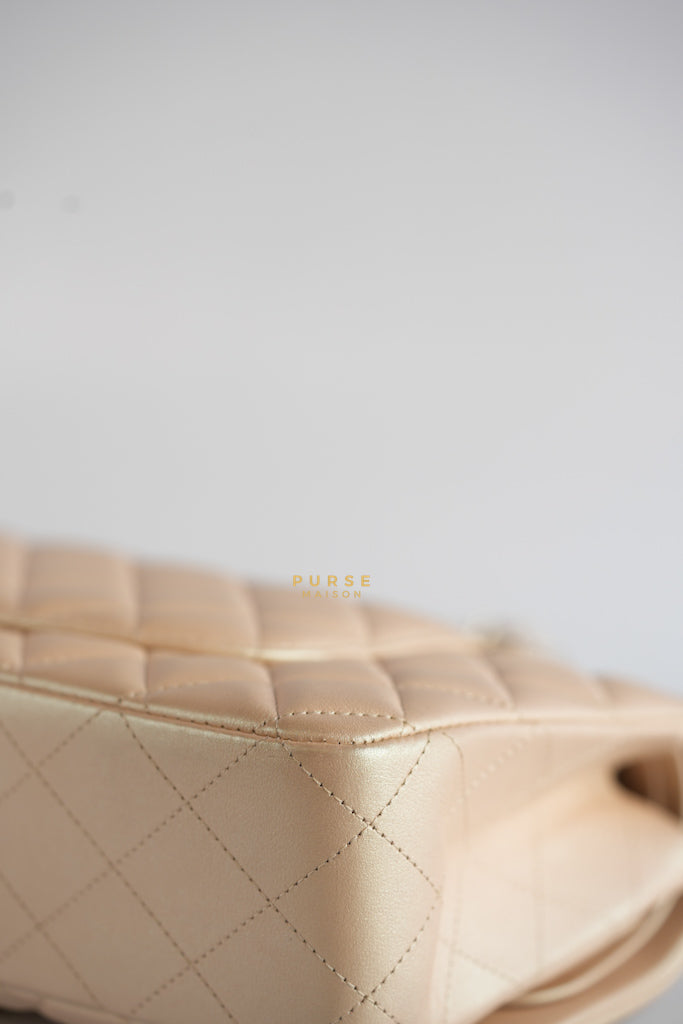 Classic Medium Double Flap Beige Iridescent Calfskin Leather Light Gold Hardware Series 31 | Purse Maison Luxury Bags Shop