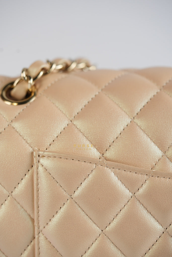 Classic Medium Double Flap Beige Iridescent Calfskin Leather Light Gold Hardware Series 31 | Purse Maison Luxury Bags Shop