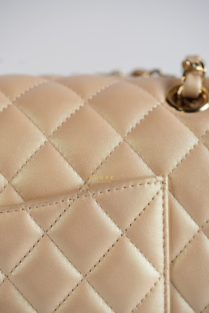 Classic Medium Double Flap Beige Iridescent Calfskin Leather Light Gold Hardware Series 31 | Purse Maison Luxury Bags Shop