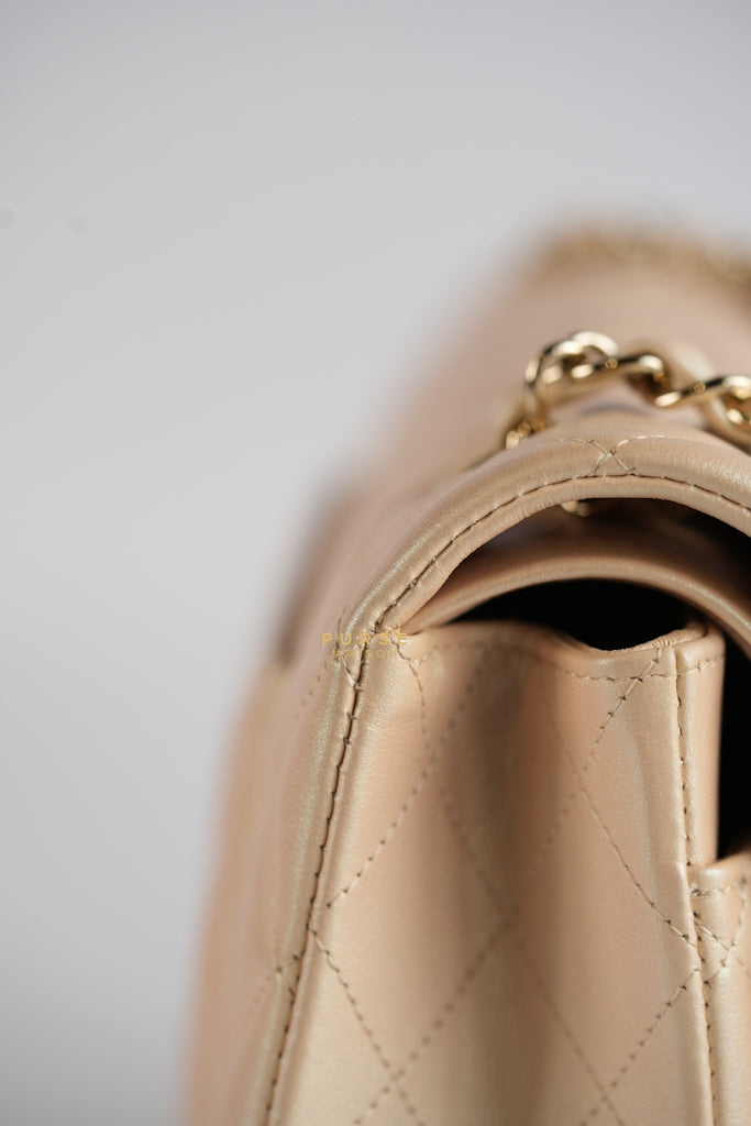 Classic Medium Double Flap Beige Iridescent Calfskin Leather Light Gold Hardware Series 31 | Purse Maison Luxury Bags Shop