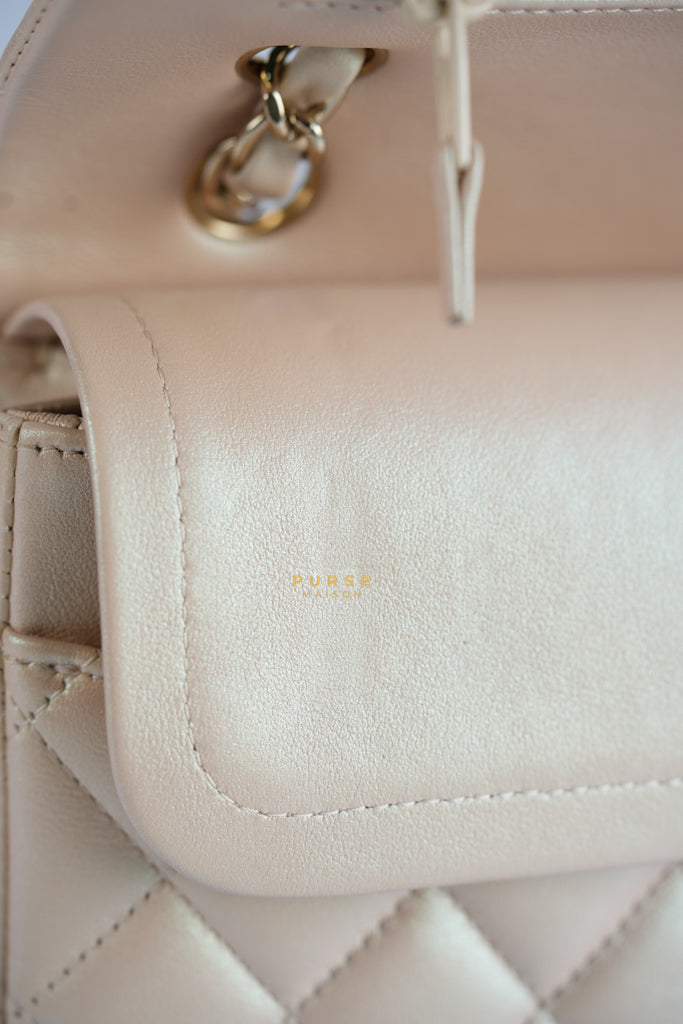 Classic Medium Double Flap Beige Iridescent Calfskin Leather Light Gold Hardware Series 31 | Purse Maison Luxury Bags Shop