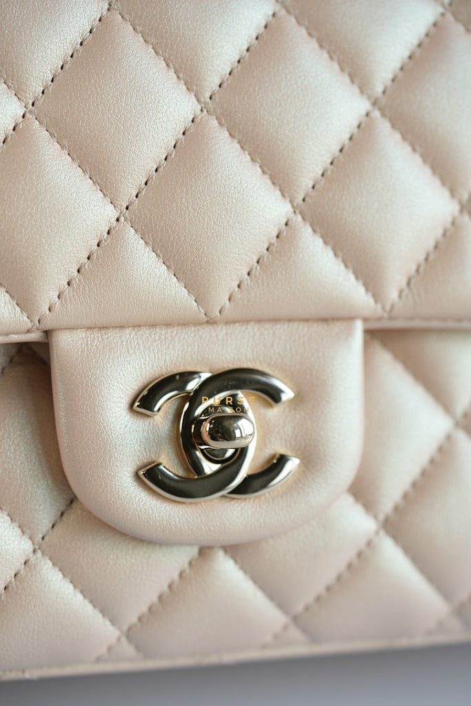 Classic Medium Double Flap Beige Iridescent Calfskin Leather Light Gold Hardware Series 31 | Purse Maison Luxury Bags Shop