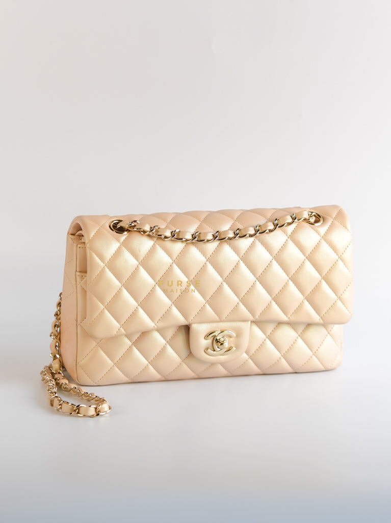 Classic Medium Double Flap Beige Iridescent Calfskin Leather Light Gold Hardware Series 31 | Purse Maison Luxury Bags Shop