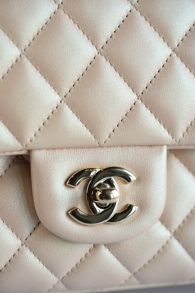 Classic Medium Double Flap Beige Iridescent Calfskin Leather Light Gold Hardware Series 31 | Purse Maison Luxury Bags Shop