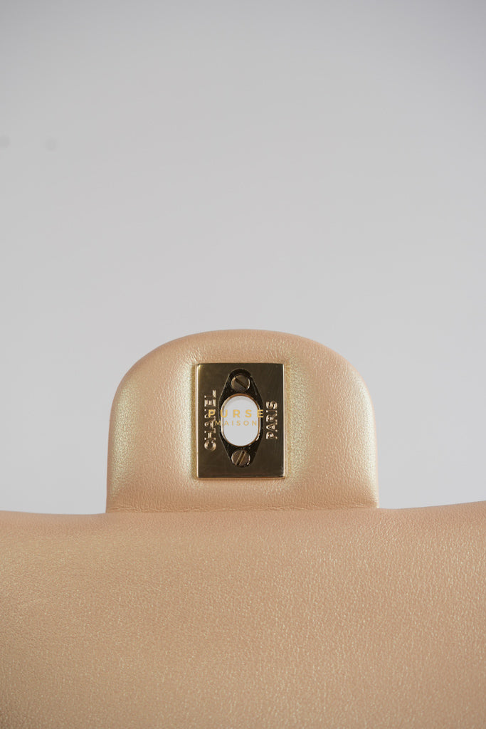 Classic Medium Double Flap Beige Iridescent Calfskin Leather Light Gold Hardware Series 31 | Purse Maison Luxury Bags Shop