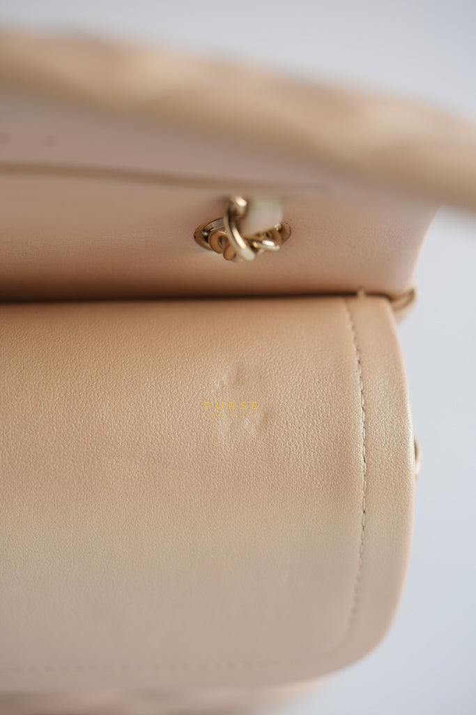 Classic Medium Double Flap Beige Iridescent Calfskin Leather Light Gold Hardware Series 31 | Purse Maison Luxury Bags Shop