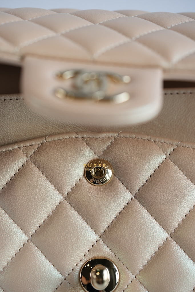 Classic Medium Double Flap Beige Iridescent Calfskin Leather Light Gold Hardware Series 31 | Purse Maison Luxury Bags Shop