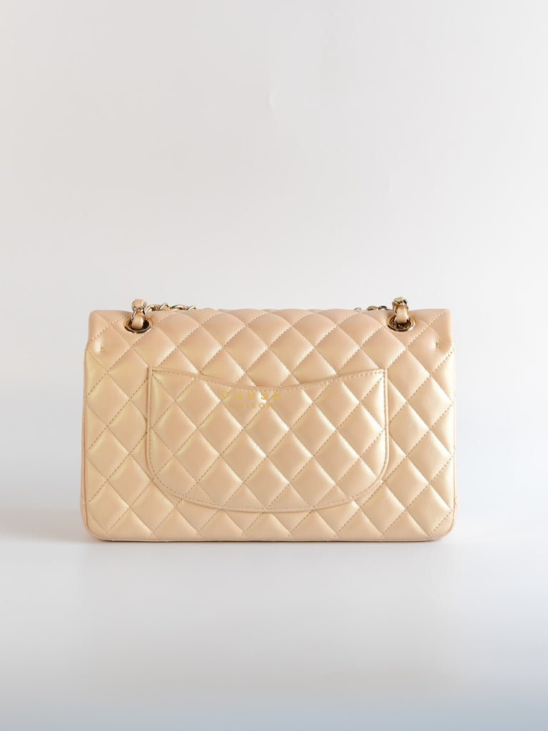 Classic Medium Double Flap Beige Iridescent Calfskin Leather Light Gold Hardware Series 31 | Purse Maison Luxury Bags Shop